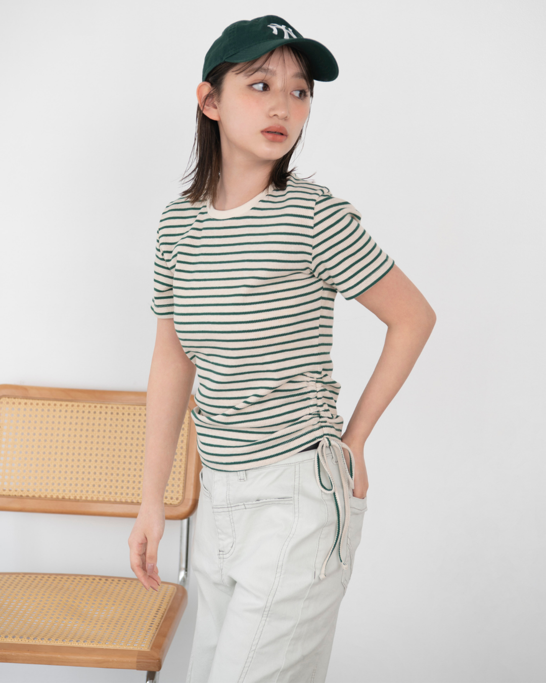 ワッフルサイドギャザーボーダーTシャツ
