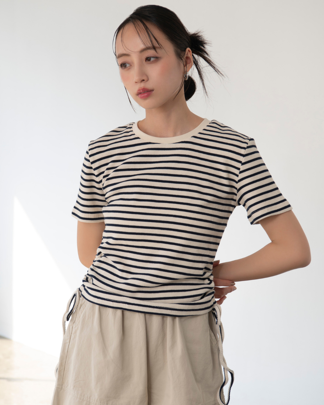 ワッフルサイドギャザーボーダーTシャツ