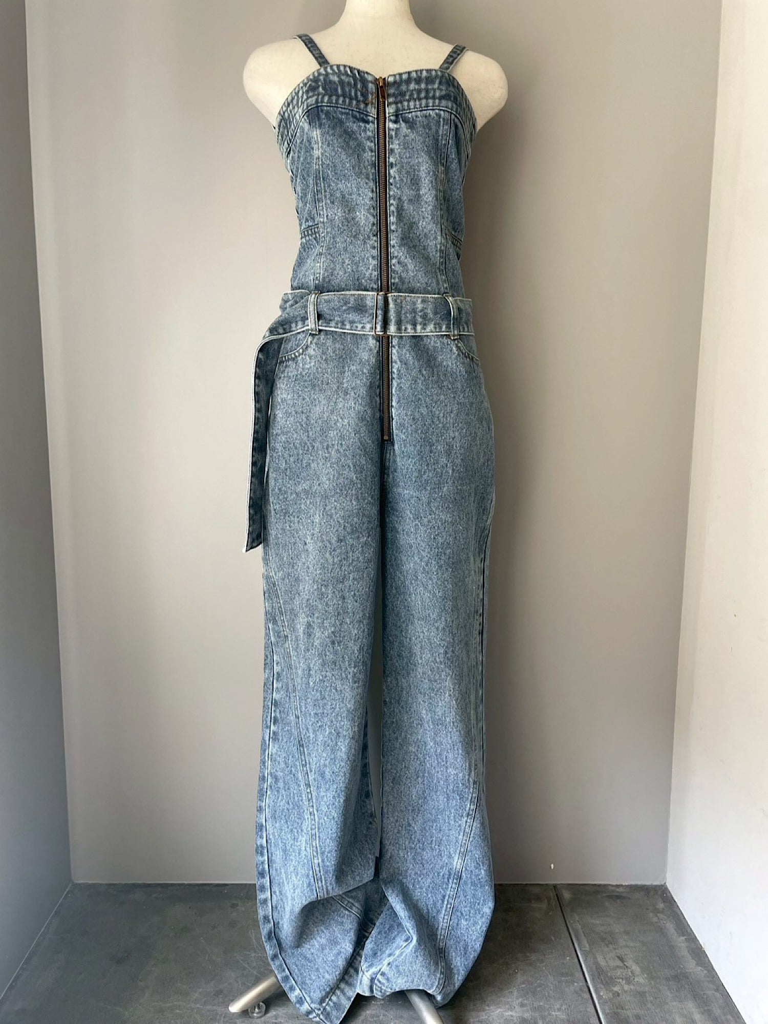 Belted denim all in one