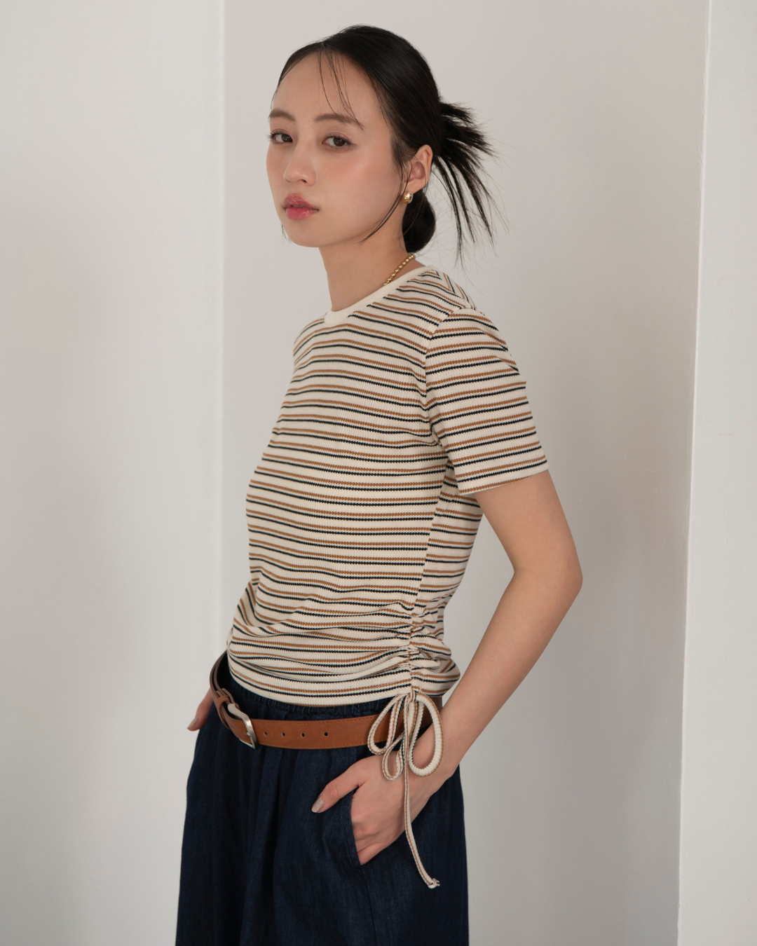 ワッフルサイドギャザーボーダーTシャツ