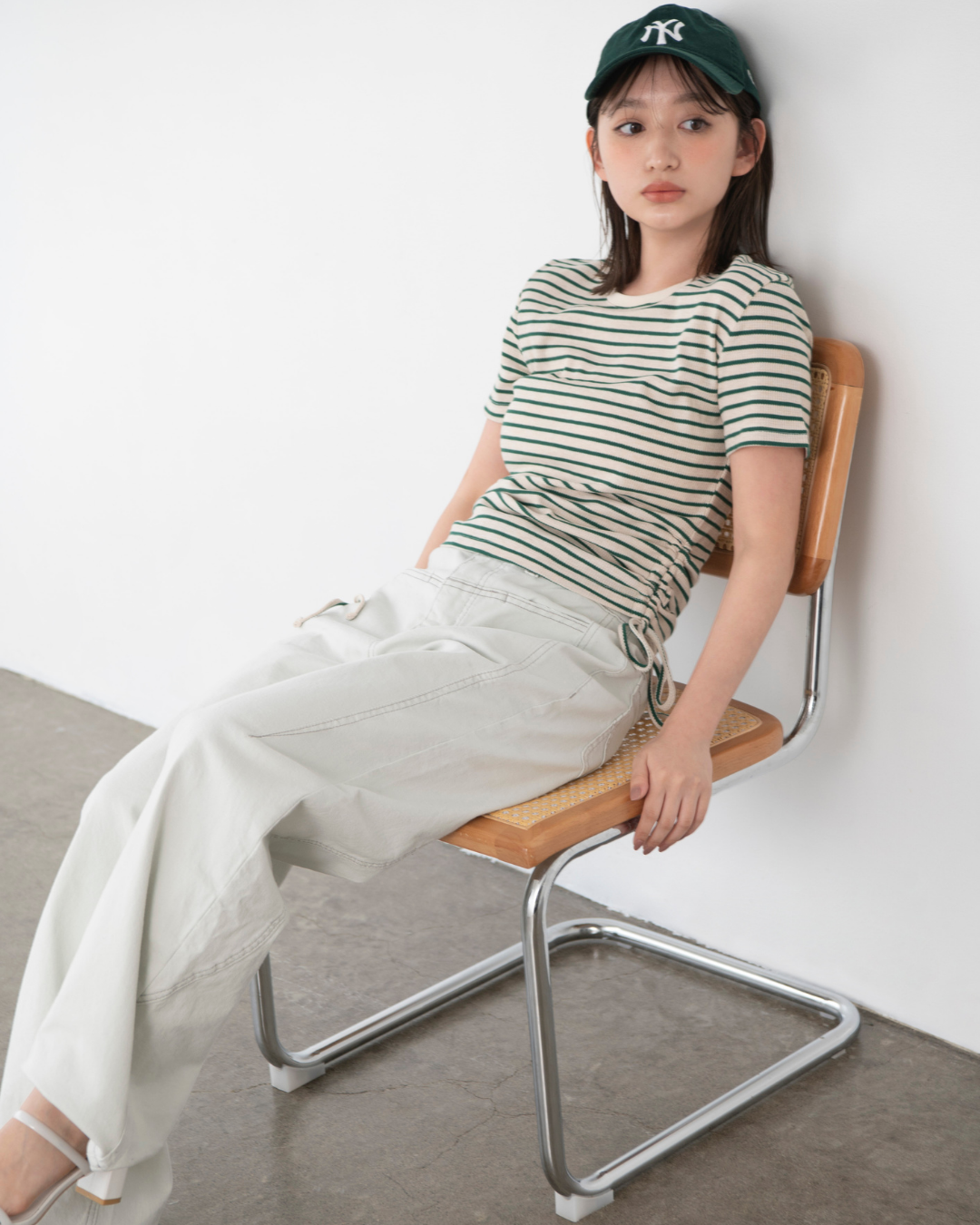 ワッフルサイドギャザーボーダーTシャツ