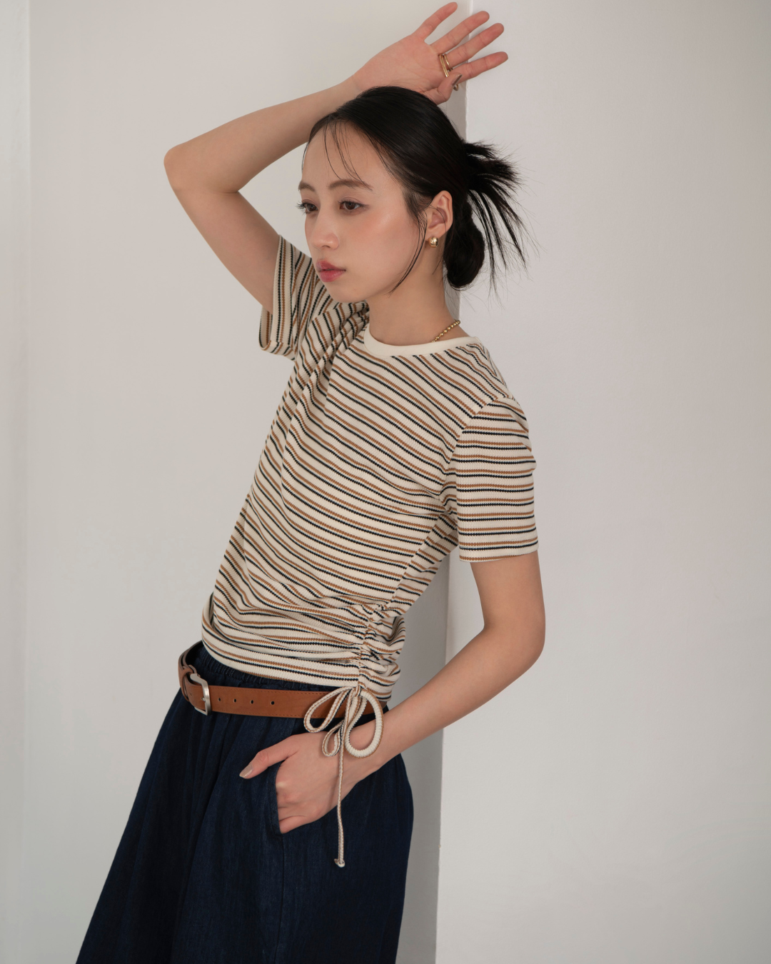 ワッフルサイドギャザーボーダーTシャツ
