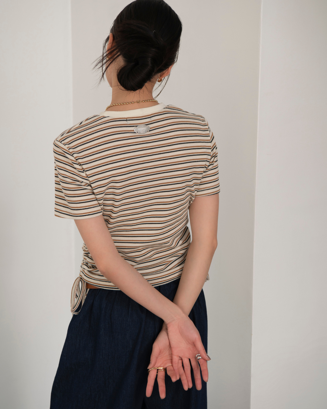 ワッフルサイドギャザーボーダーTシャツ