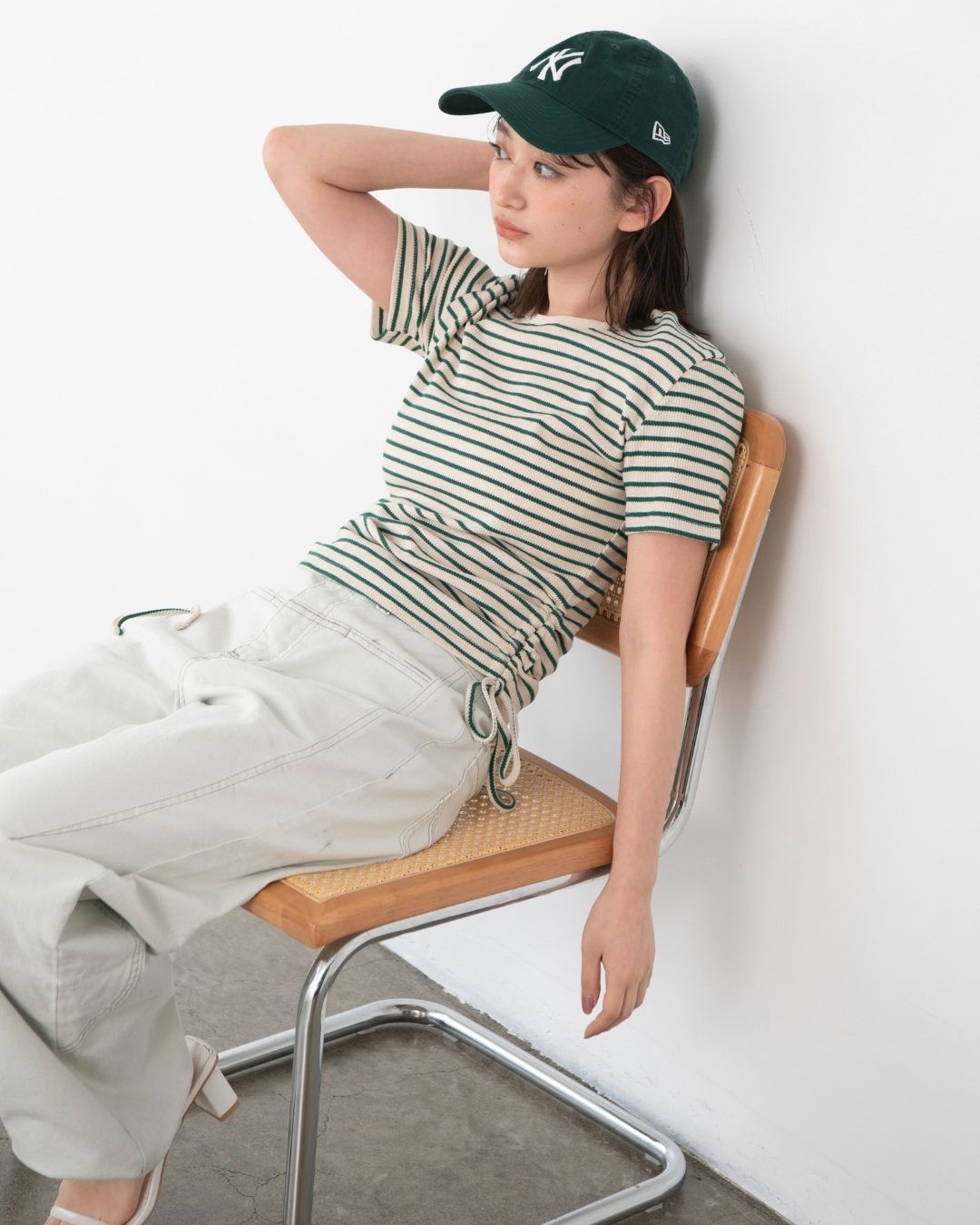 ワッフルサイドギャザーボーダーTシャツ