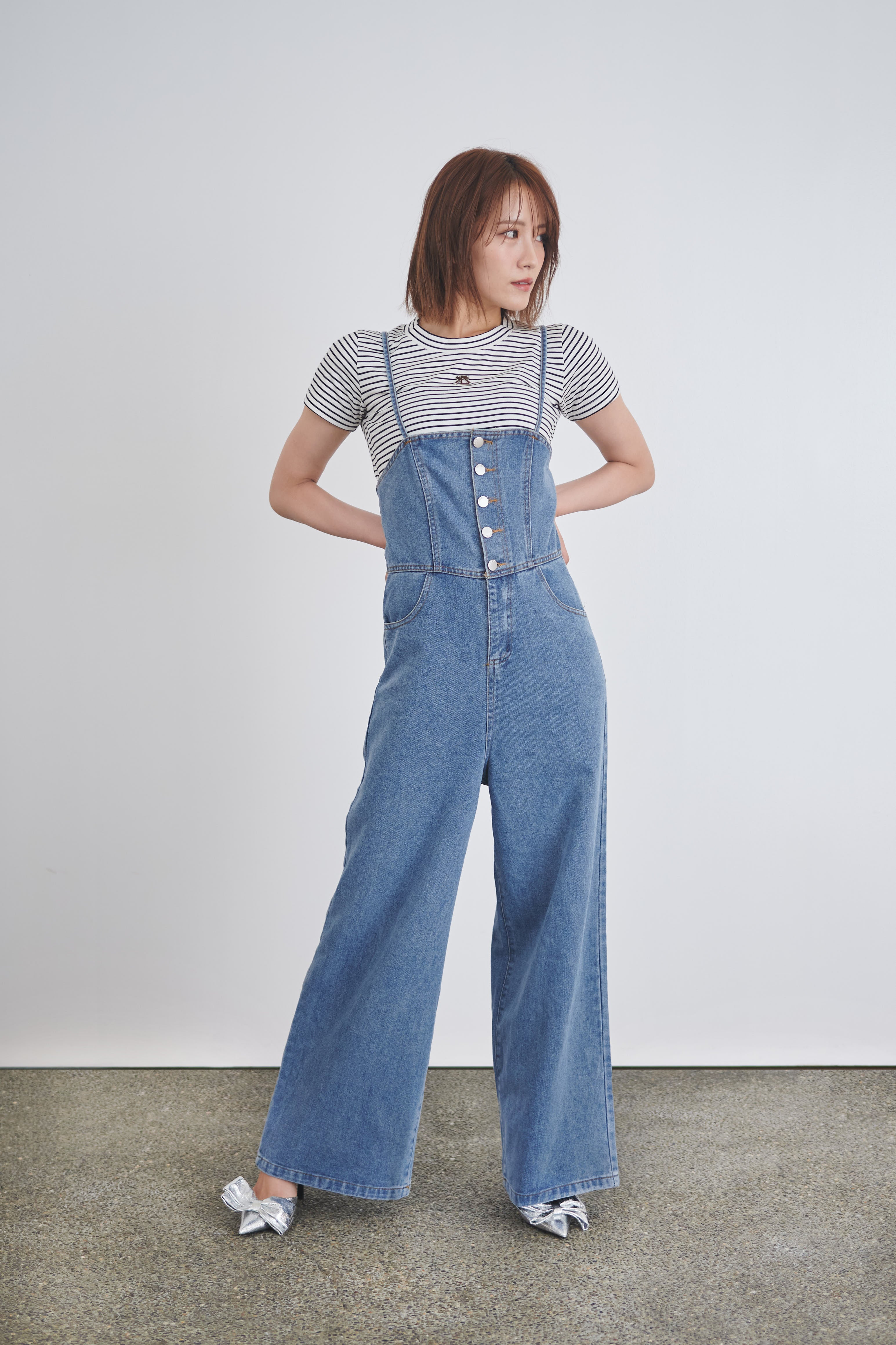 レースアップデニムオーバーオール