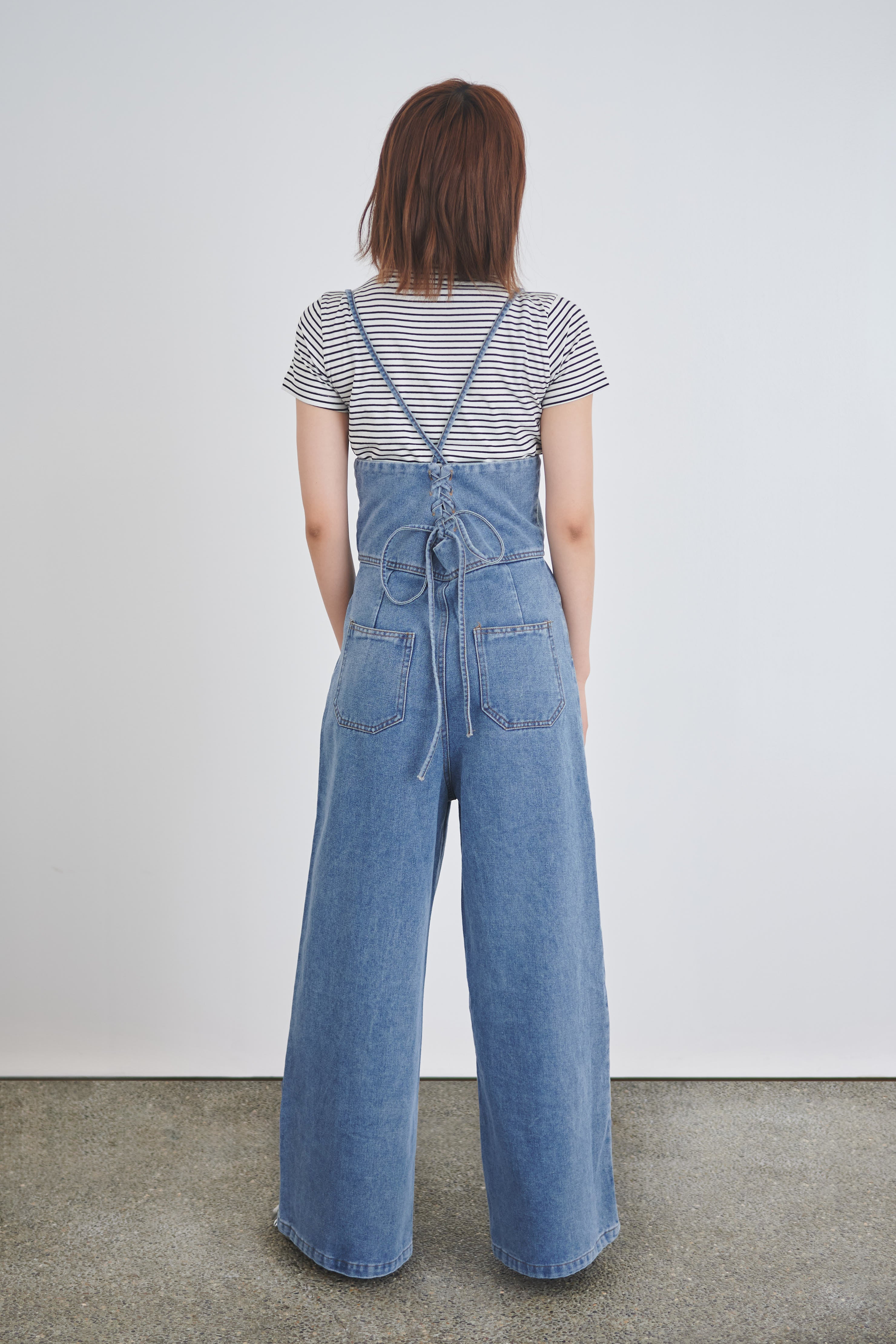 レースアップデニムオーバーオール