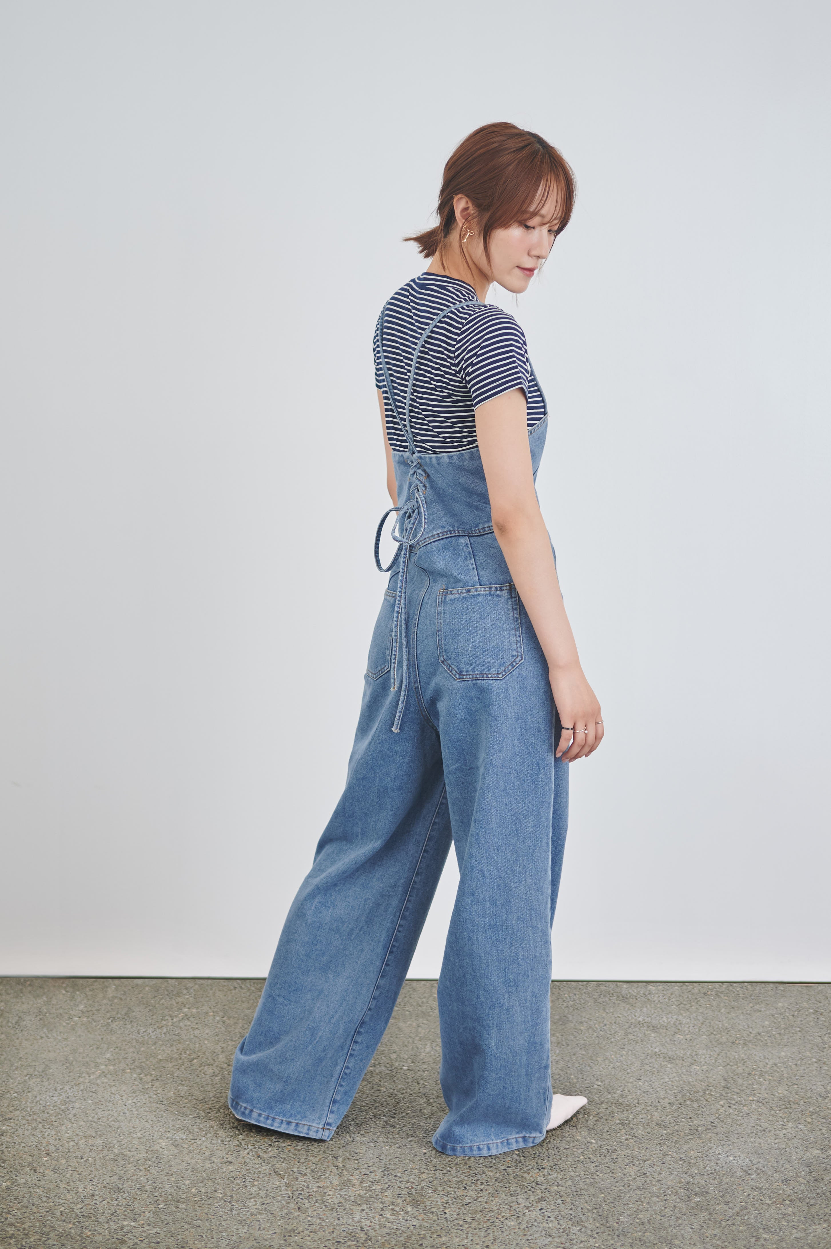 レースアップデニムオーバーオール