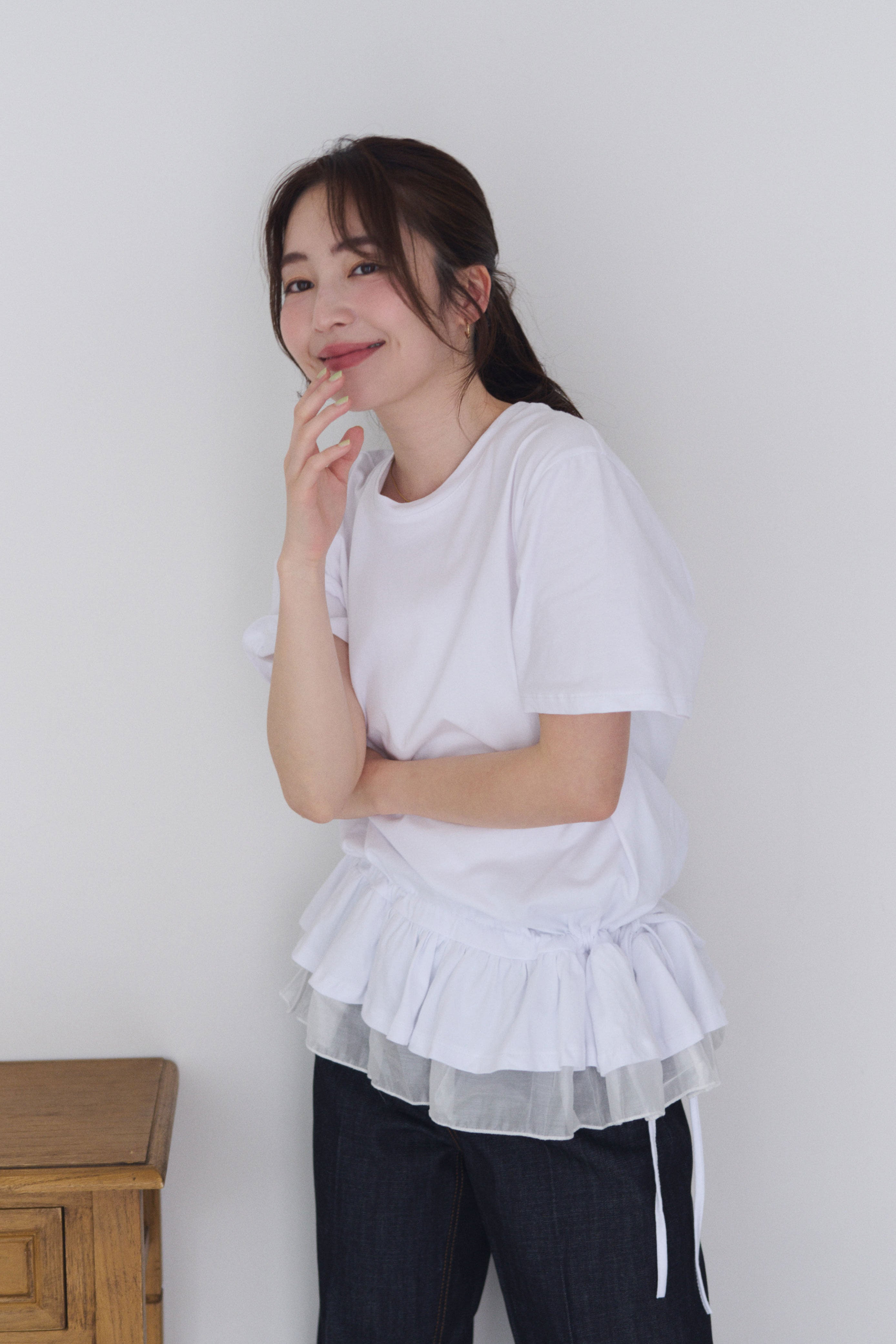 裾フリルリボンTシャツ