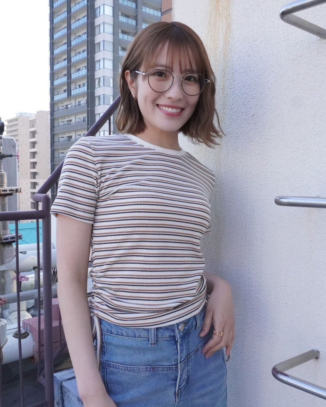 ワッフルサイドギャザーボーダーTシャツ