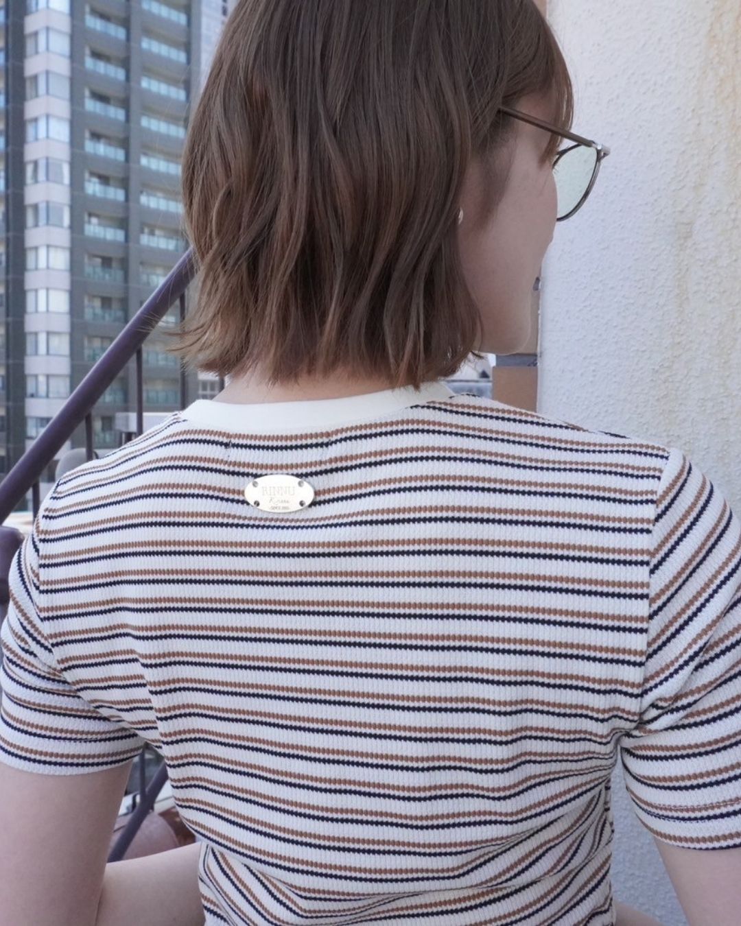 ワッフルサイドギャザーボーダーTシャツ