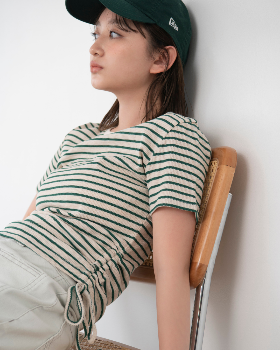 ワッフルサイドギャザーボーダーTシャツ