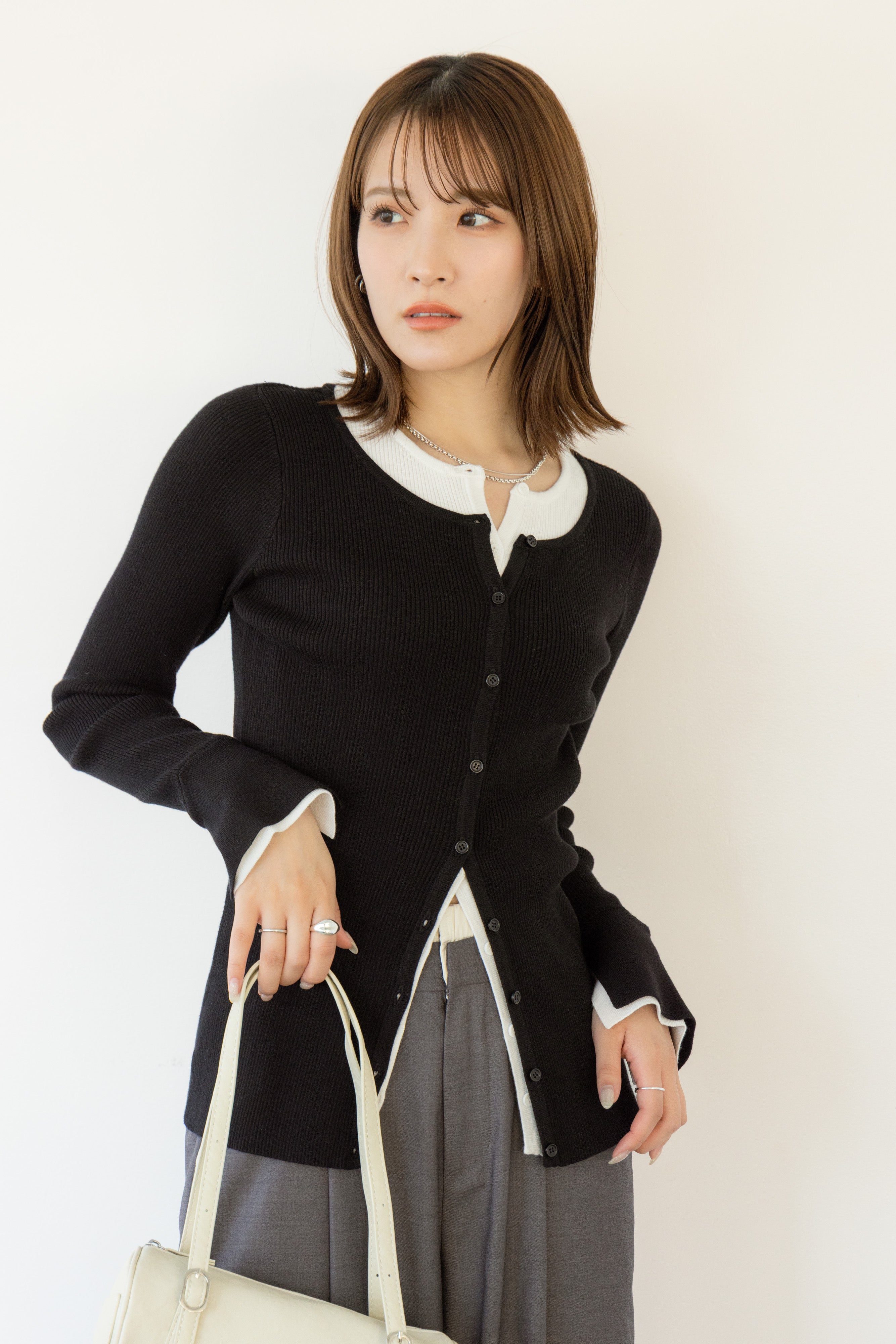 バイカラーリブニットトップス