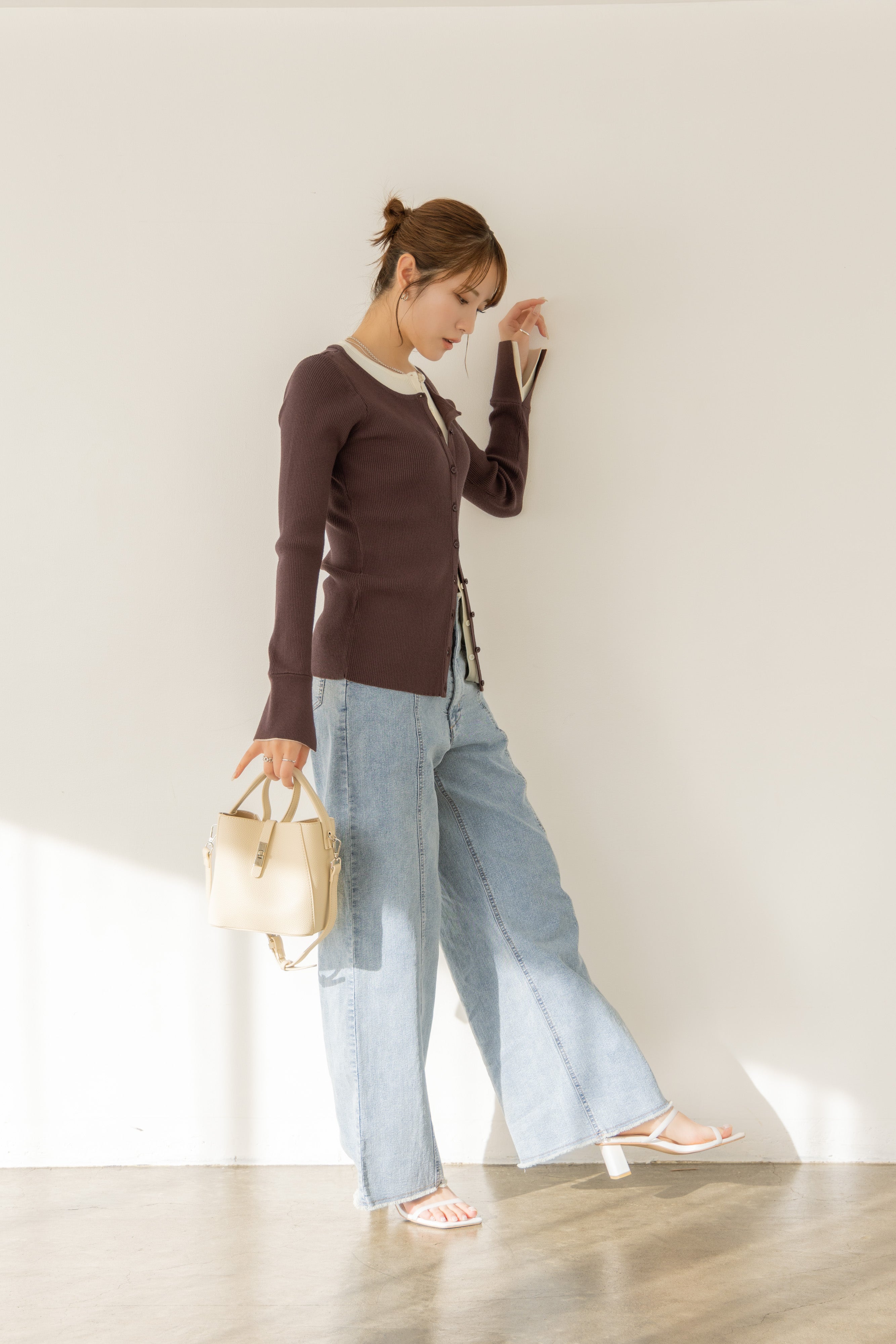 バイカラーリブニットトップス