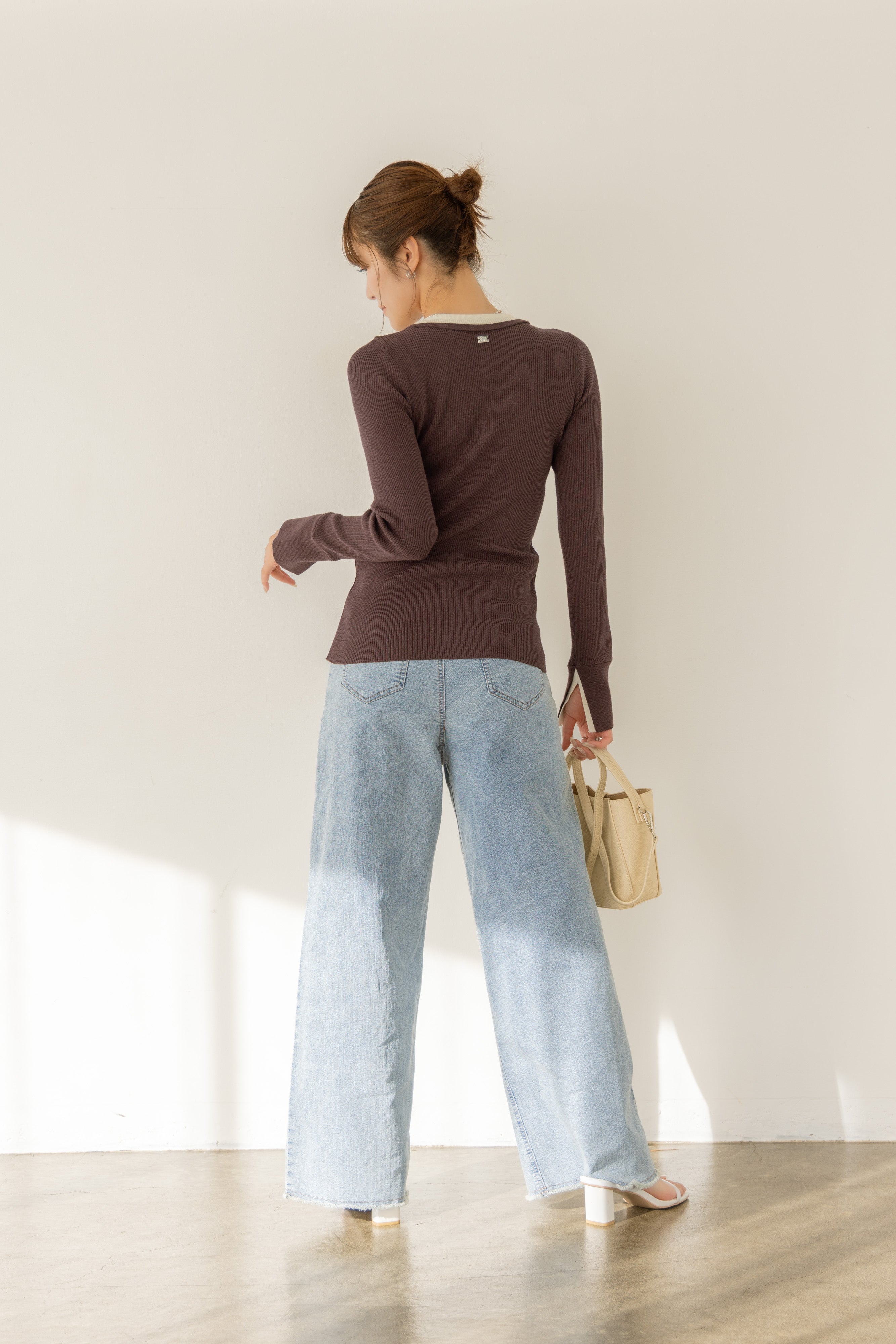 バイカラーリブニットトップス