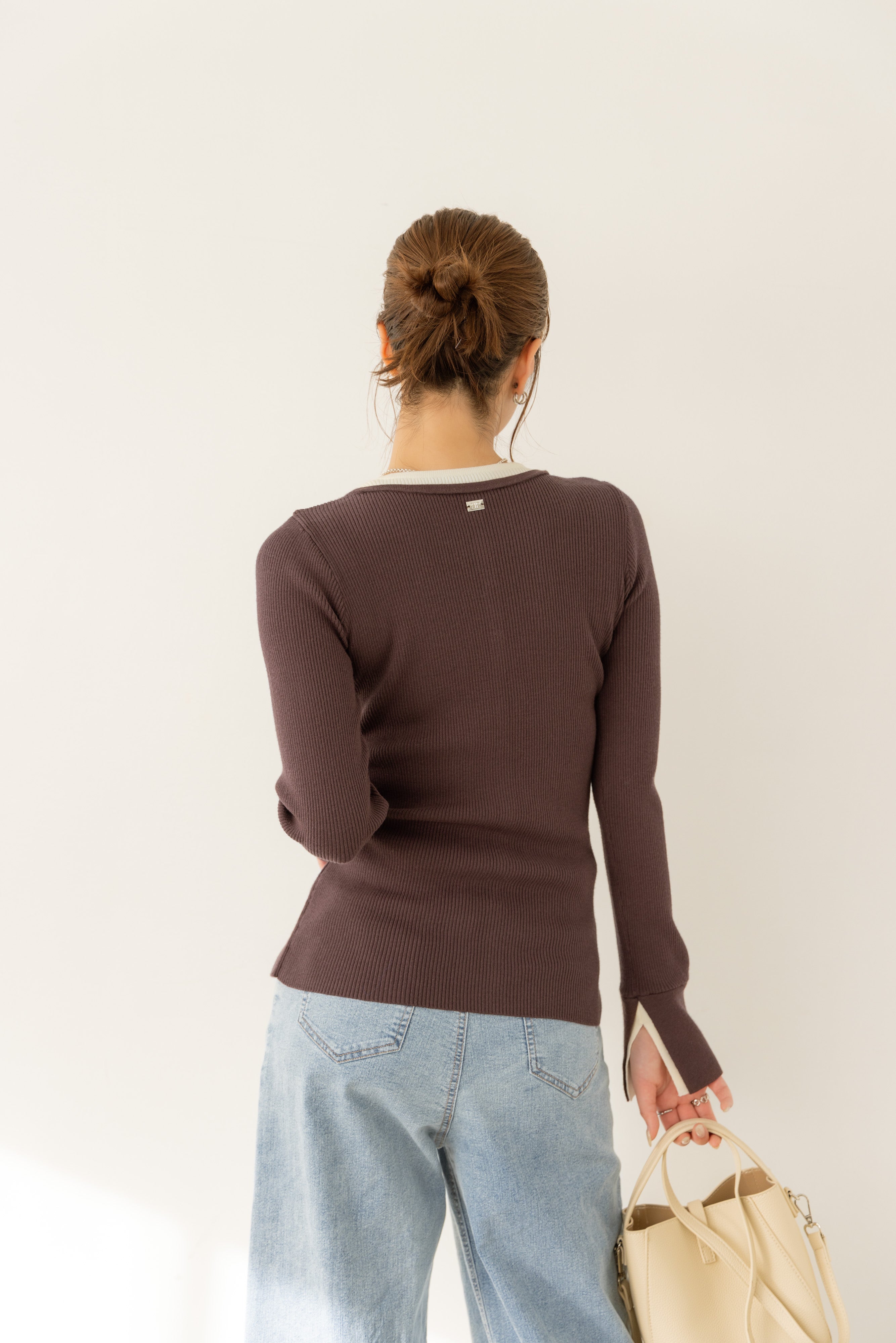 バイカラーリブニットトップス