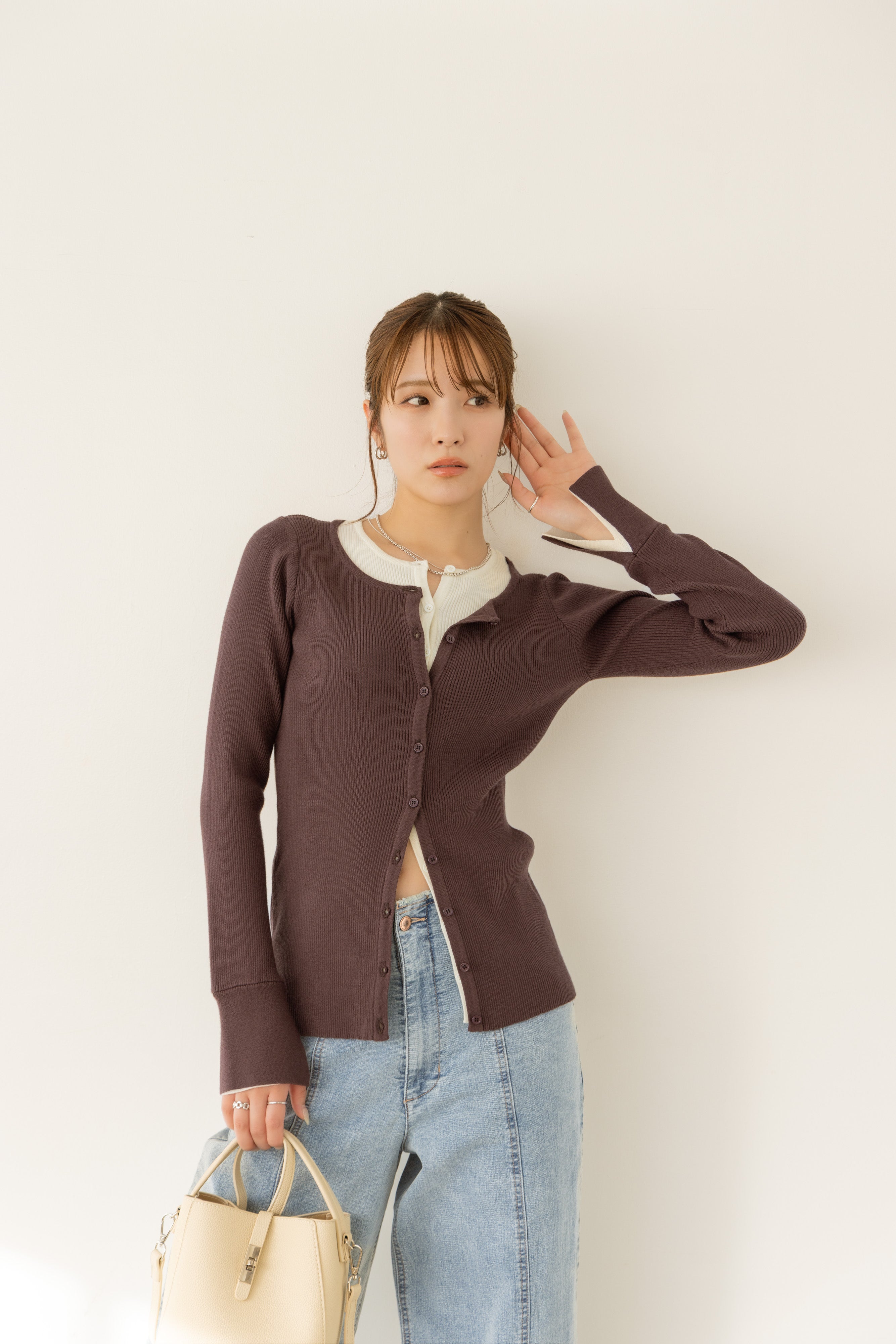 バイカラーリブニットトップス