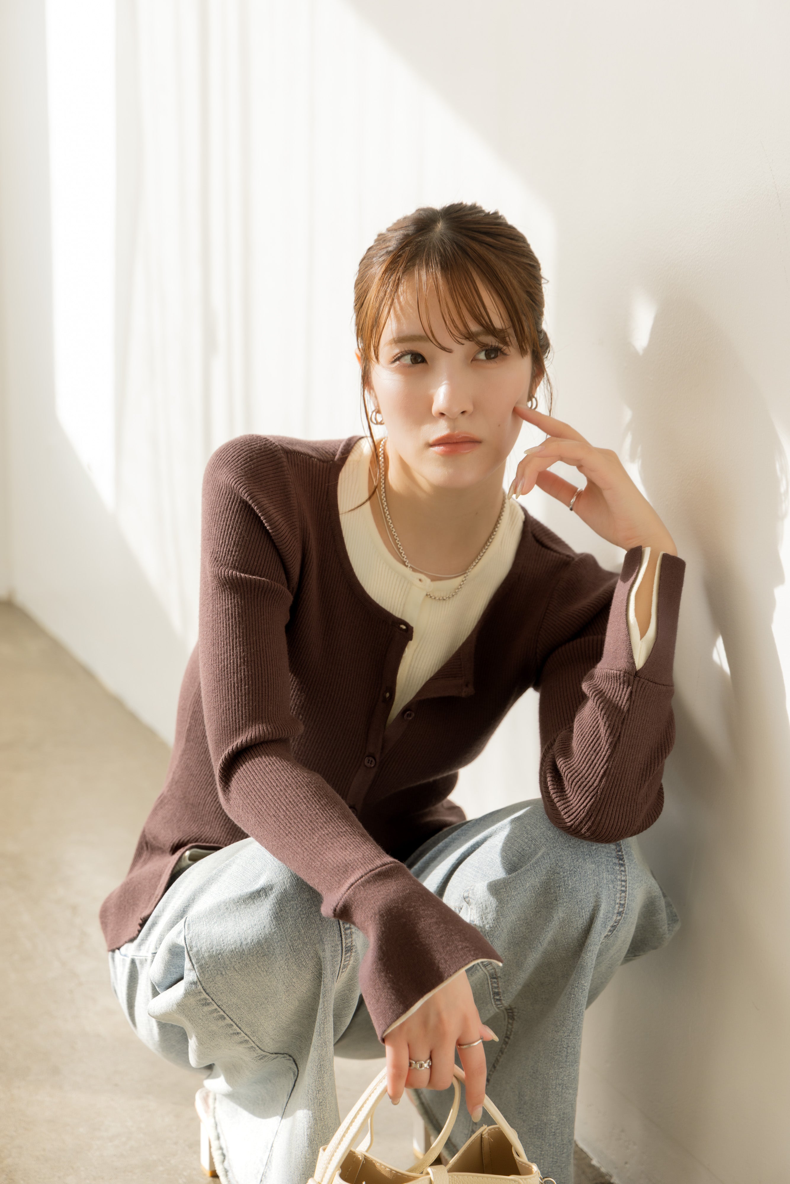 バイカラーリブニットトップス