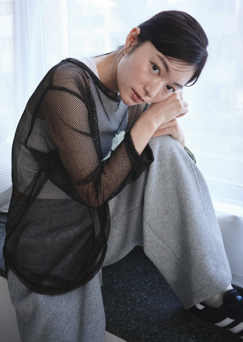 ラメメッシュ クルーネックロンT