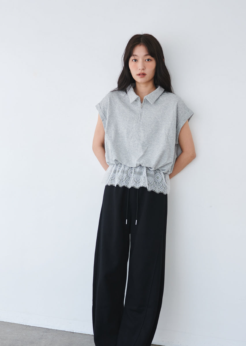 ハーフジップレースドッキングトップス