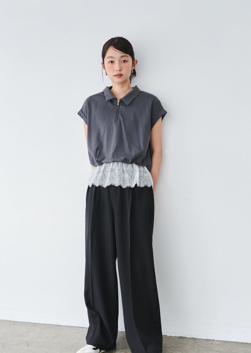 ハーフジップレースドッキングトップス