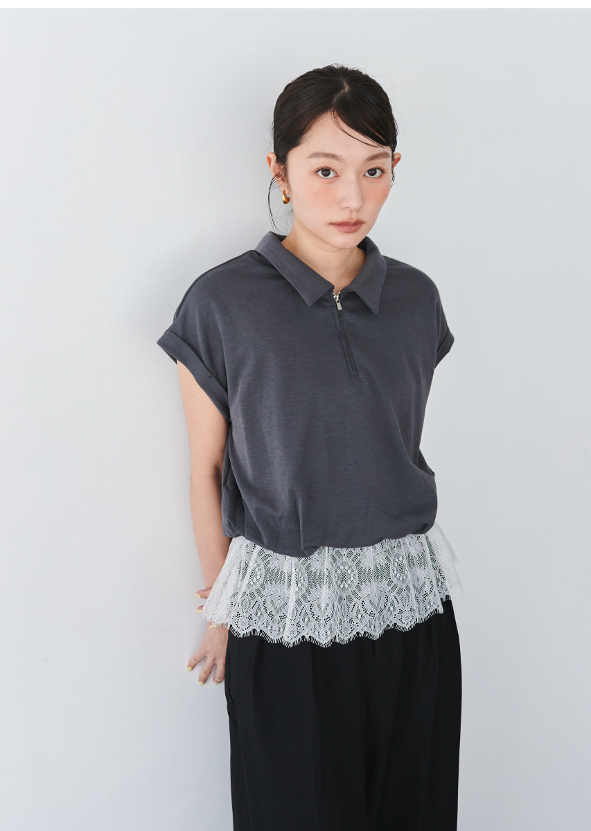ハーフジップレースドッキングトップス