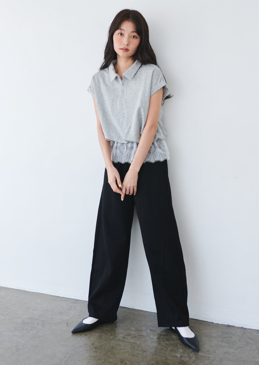 ハーフジップレースドッキングトップス