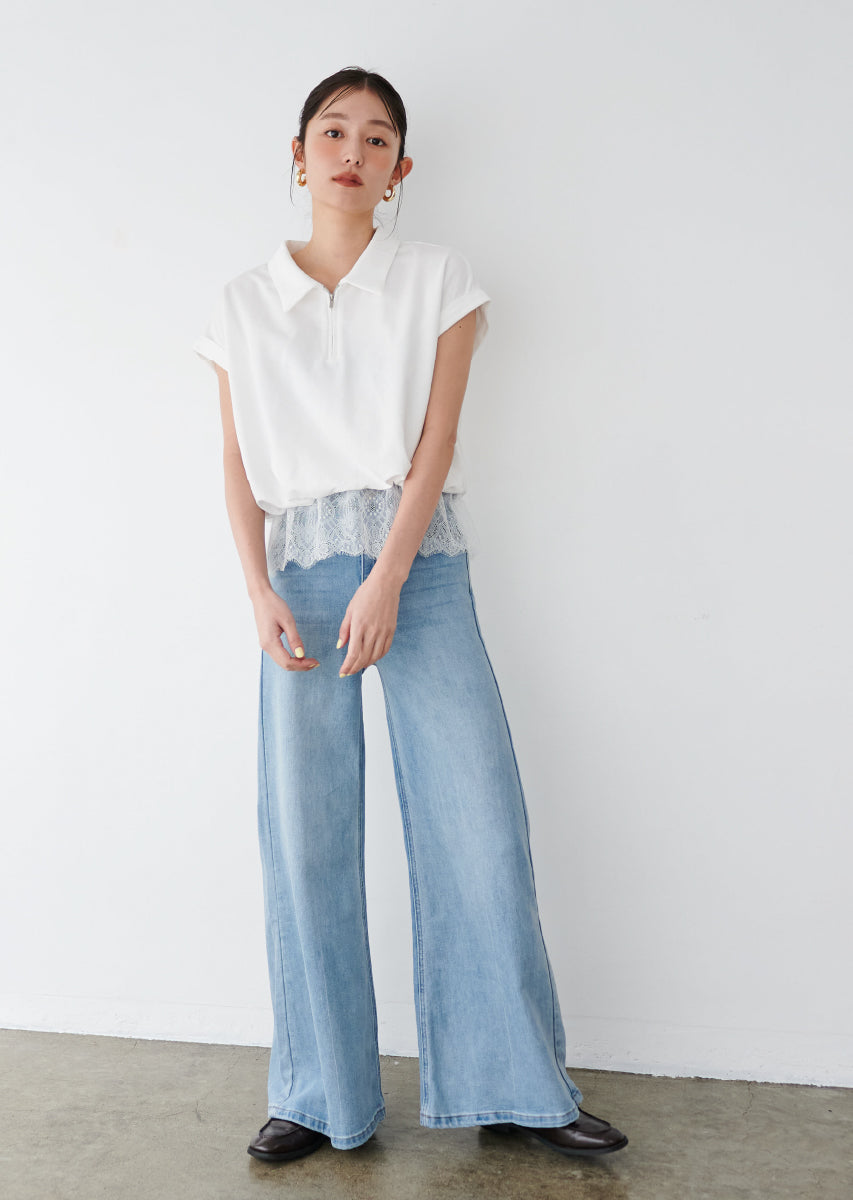 ハーフジップレースドッキングトップス