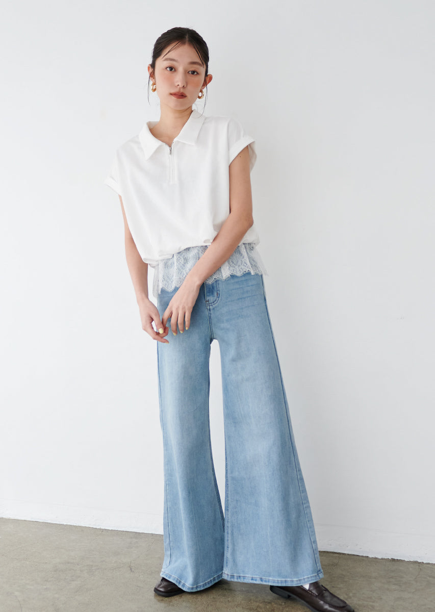 ハーフジップレースドッキングトップス