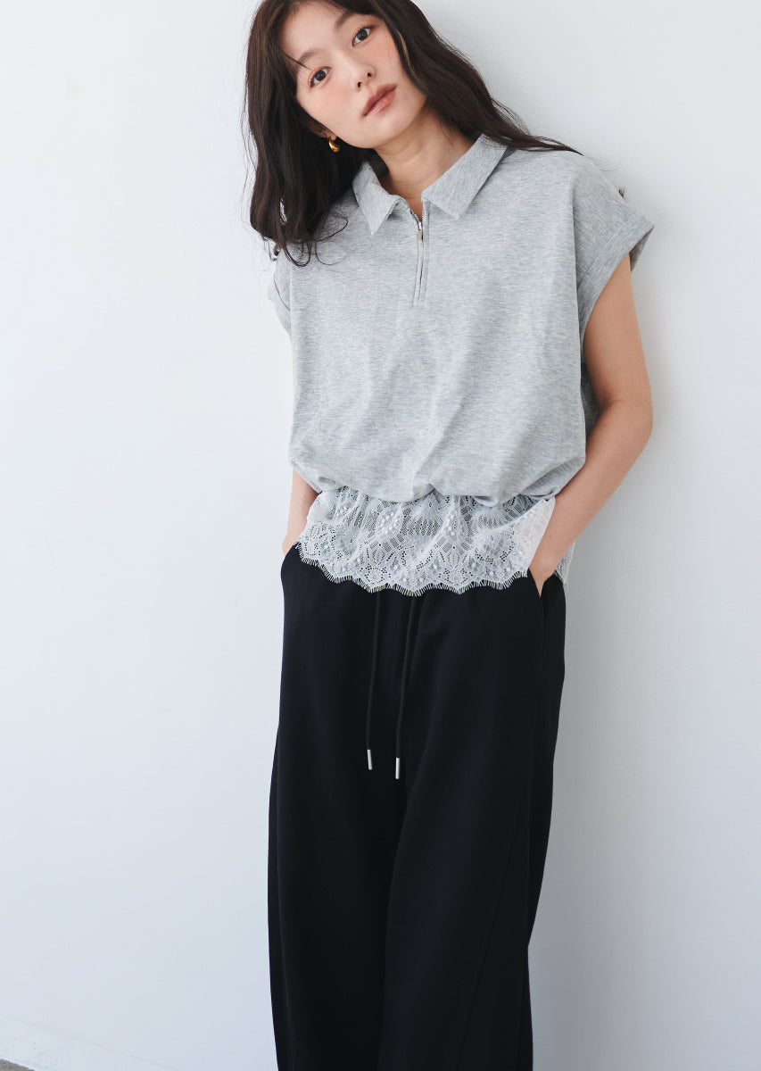ハーフジップレースドッキングトップス