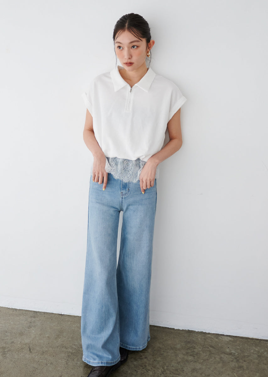 ハーフジップレースドッキングトップス