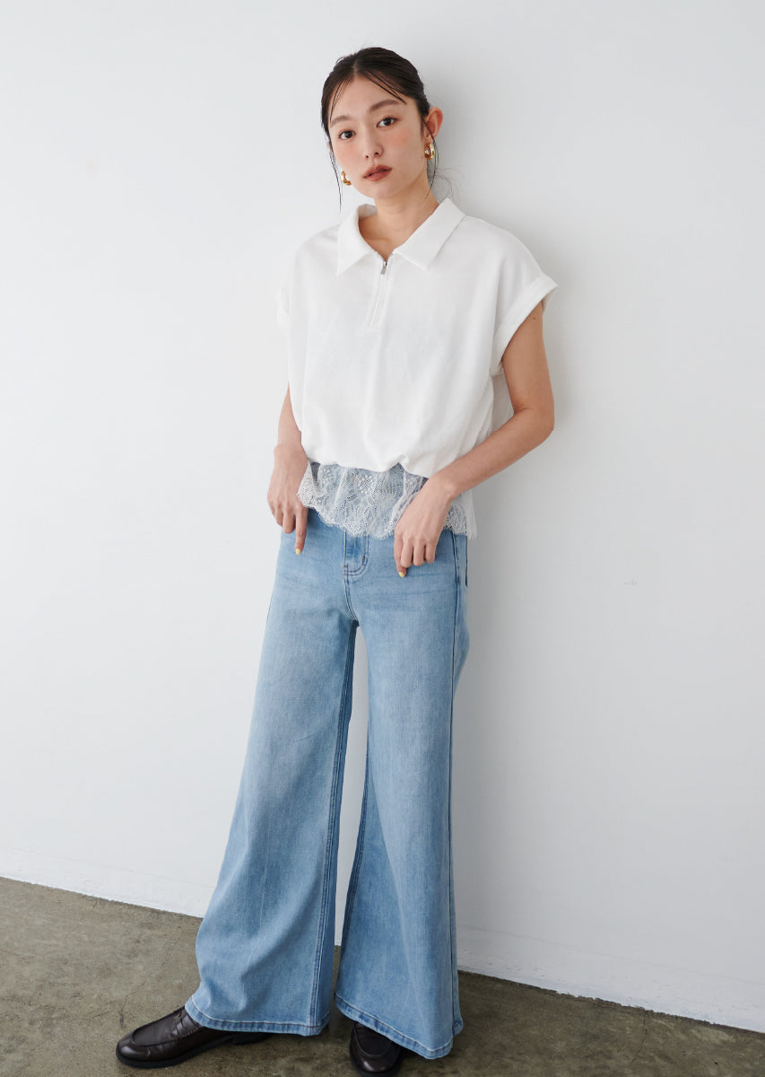 ハーフジップレースドッキングトップス