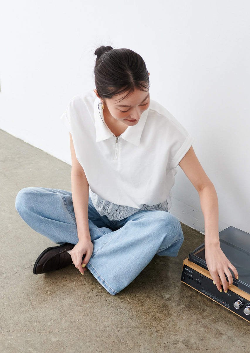 ハーフジップレースドッキングトップス