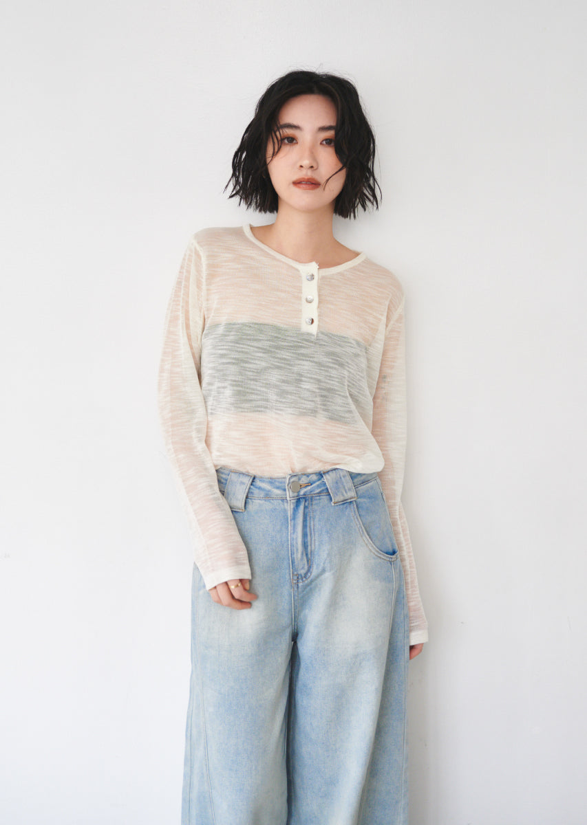バックデザインヘンリーネックシアートップス