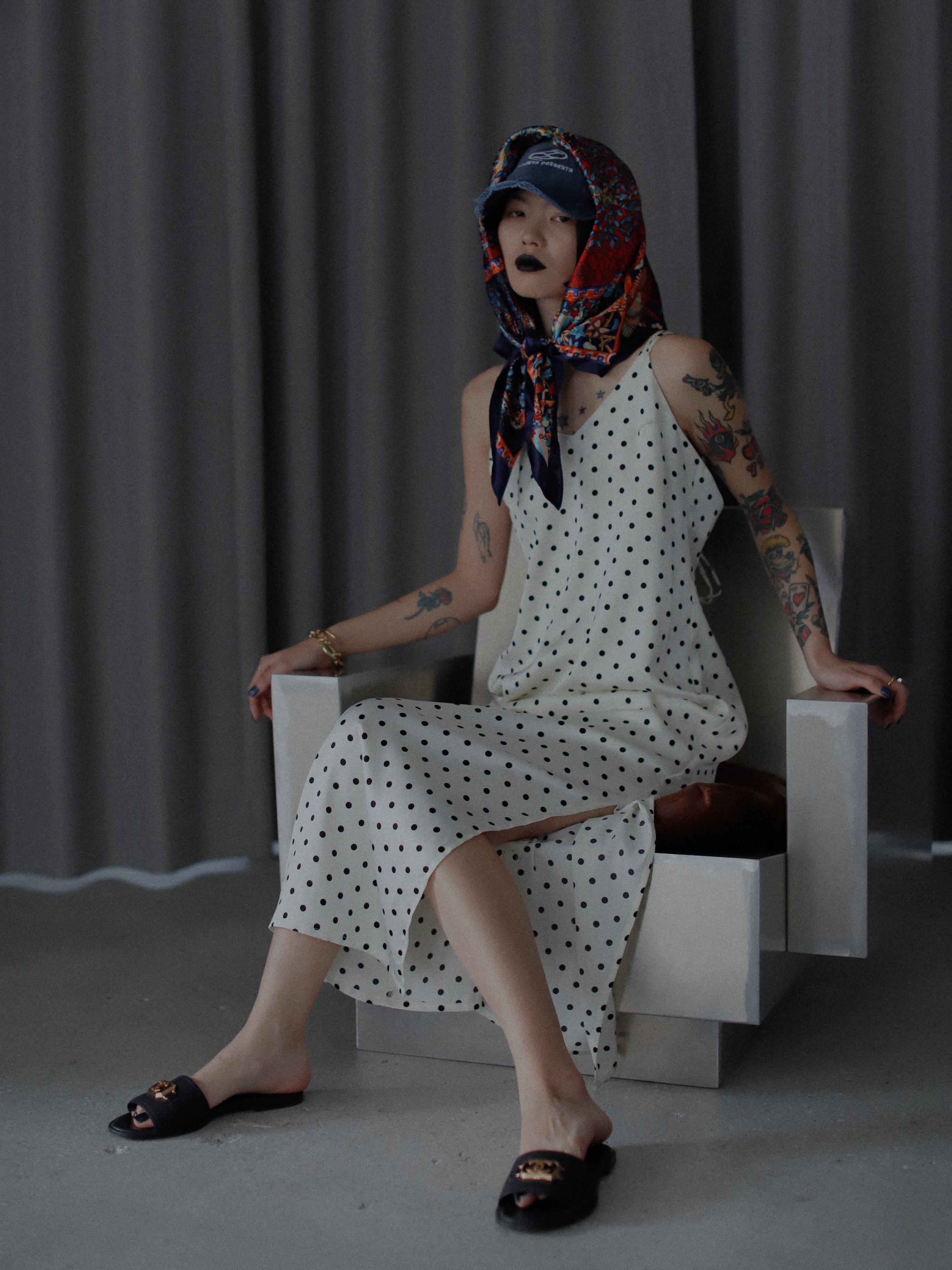 ドットサテンキャミロングワンピース