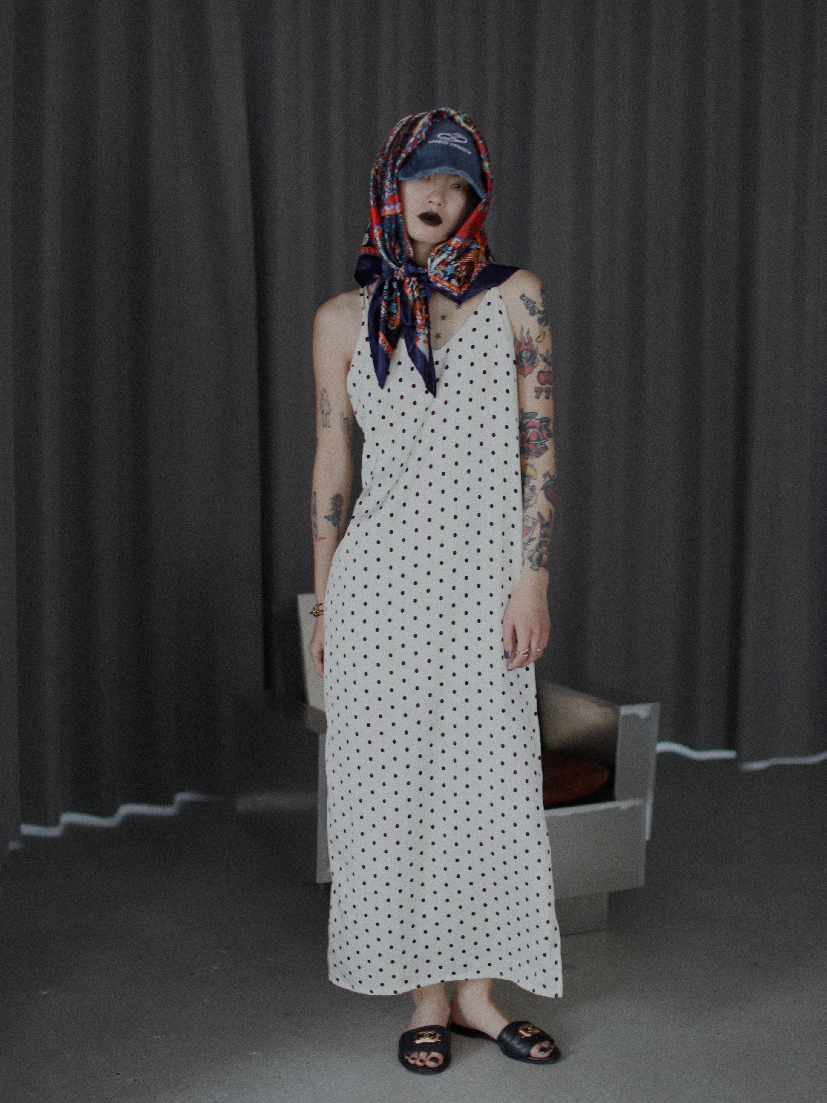 ドットサテンキャミロングワンピース