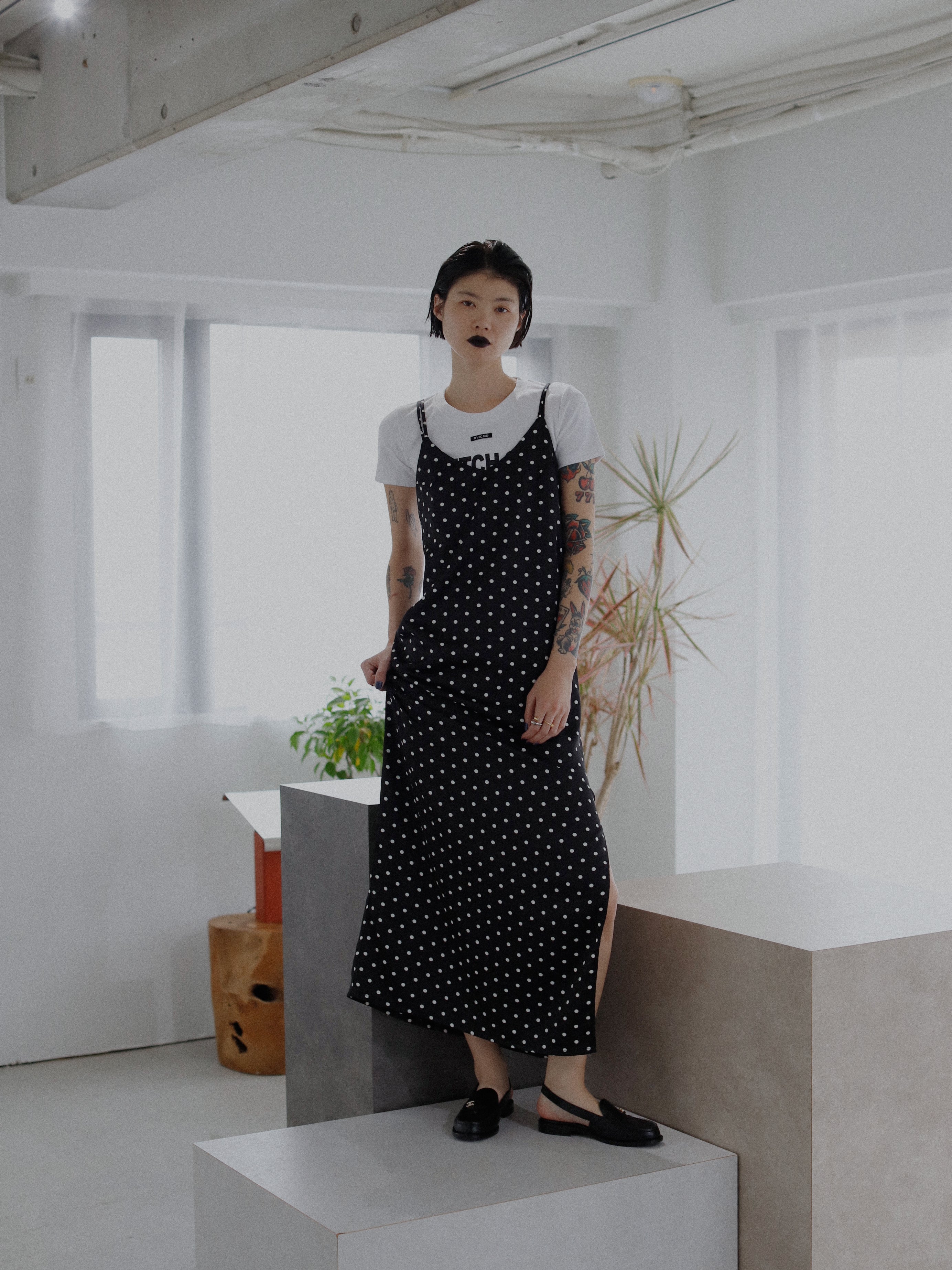 ドットサテンキャミロングワンピース