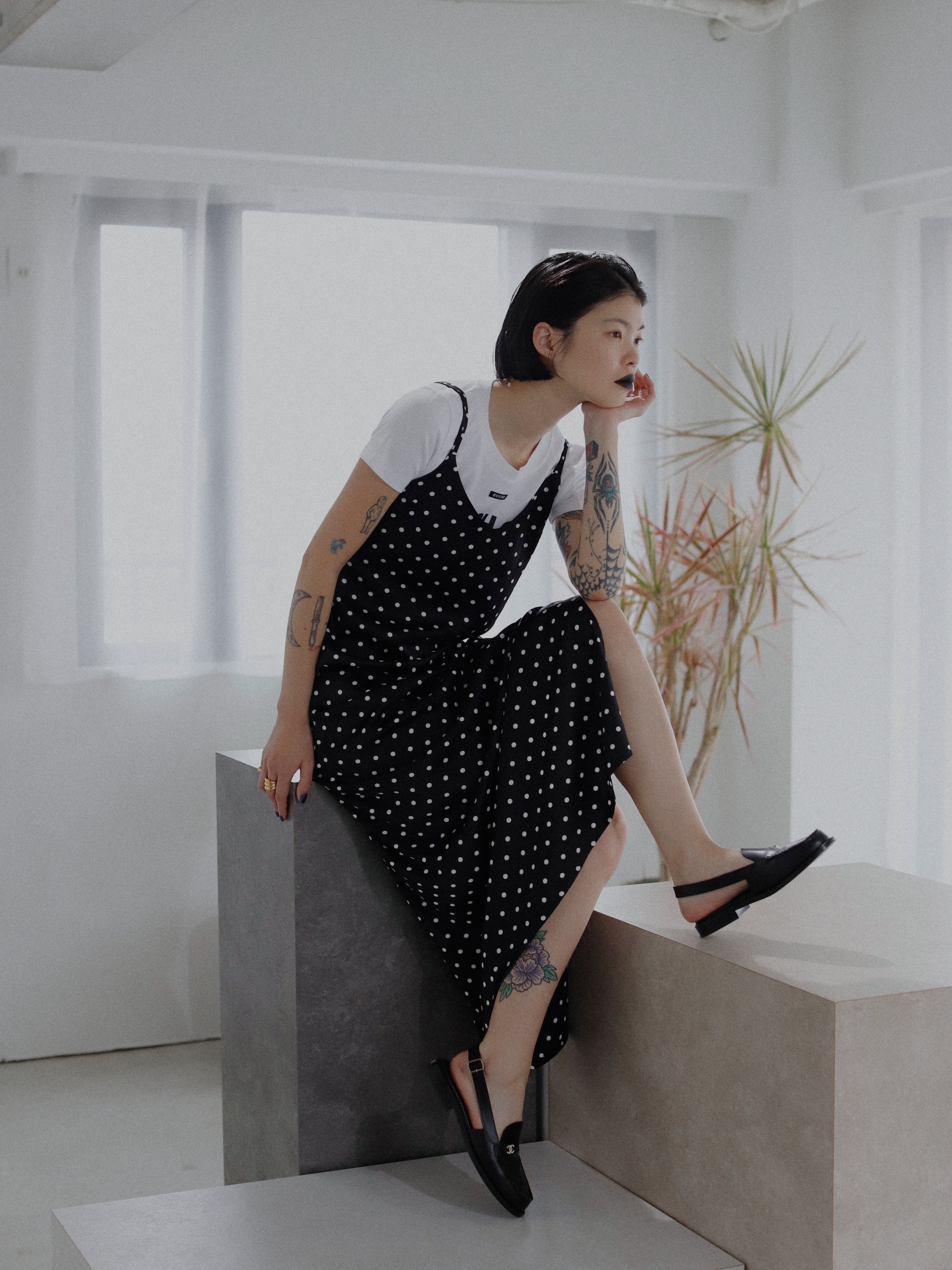 ドットサテンキャミロングワンピース