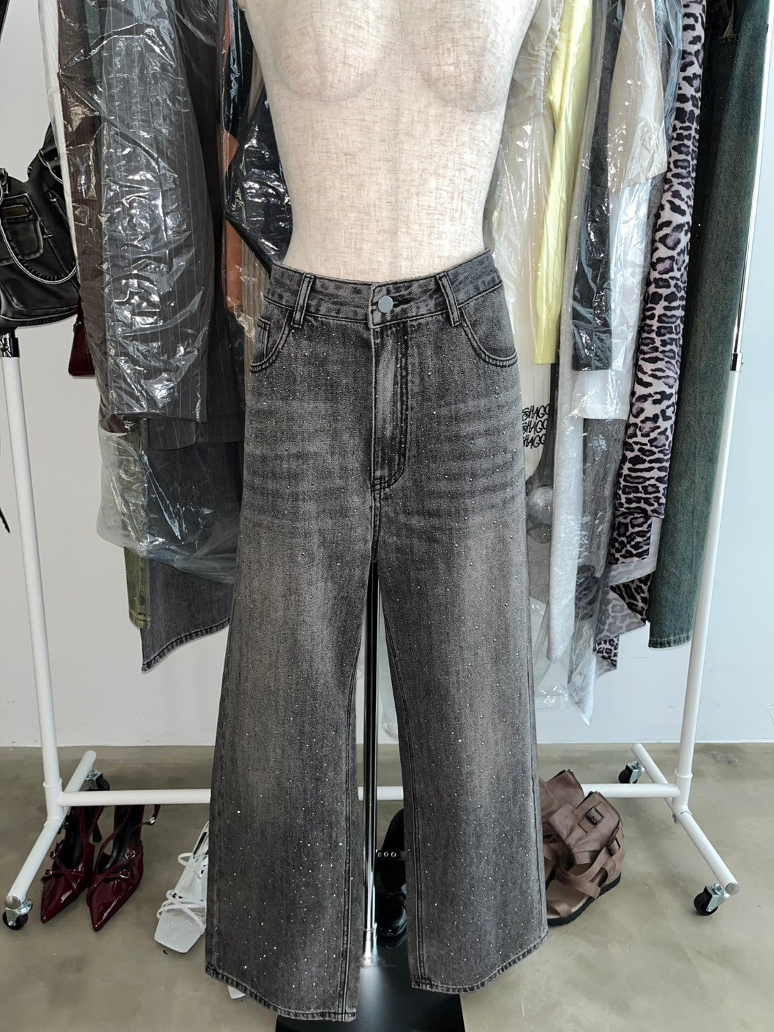 オーロララインストーン付きヴィンテージルーズデニムパンツ