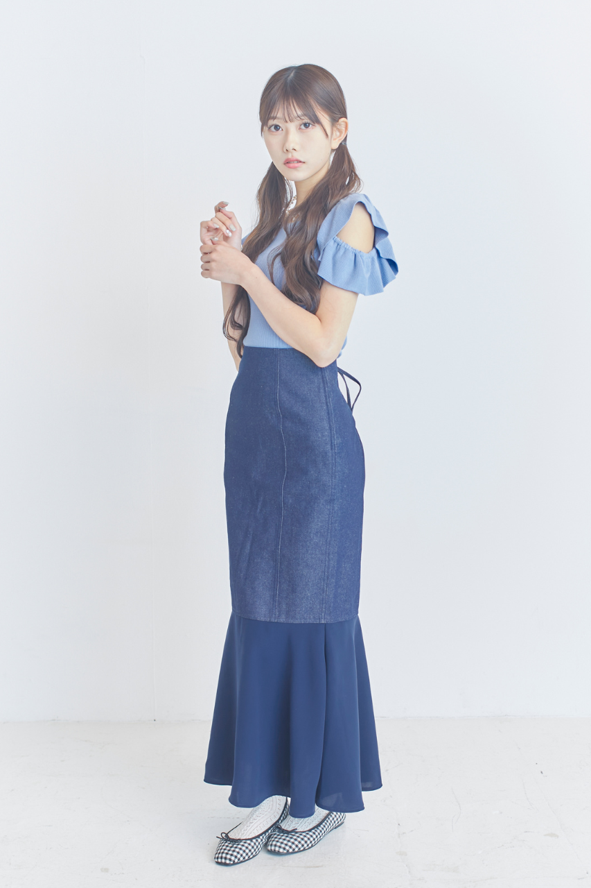 レースアップデニム&シフォンマーメイドスカート
