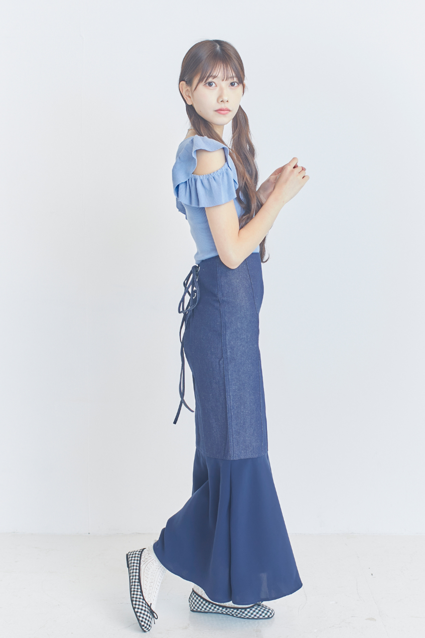 レースアップデニム&シフォンマーメイドスカート