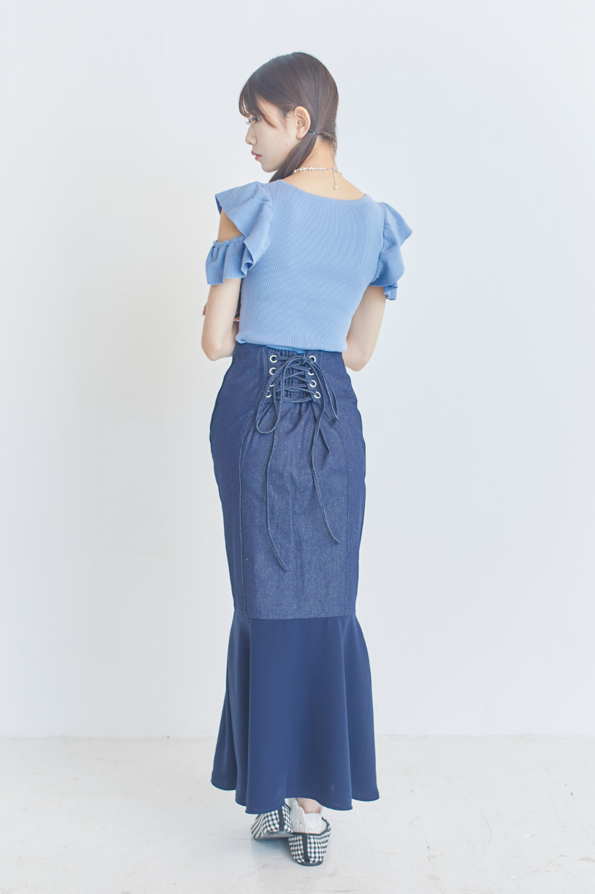 レースアップデニム&シフォンマーメイドスカート