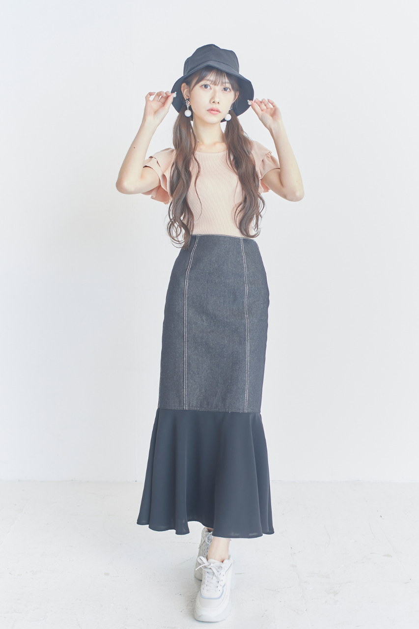 レースアップデニム&シフォンマーメイドスカート