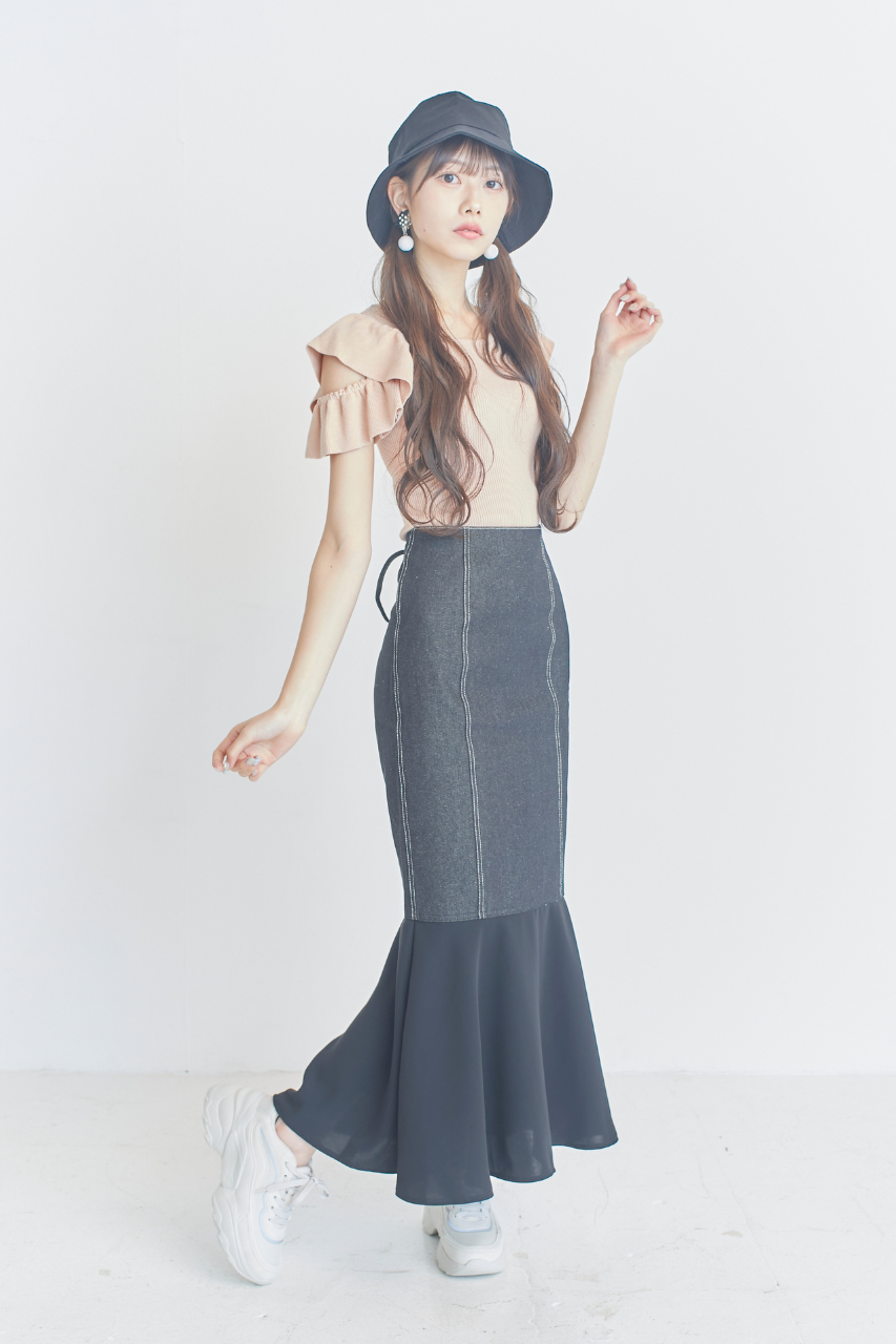 レースアップデニム&シフォンマーメイドスカート
