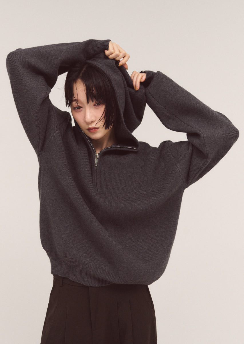 ハーフジップフードニット