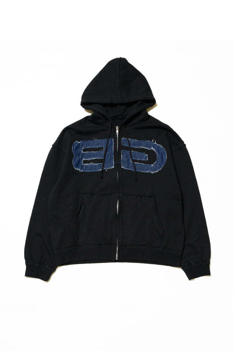 DENIM EMBROIDERED PATCH ZIP HOODIE