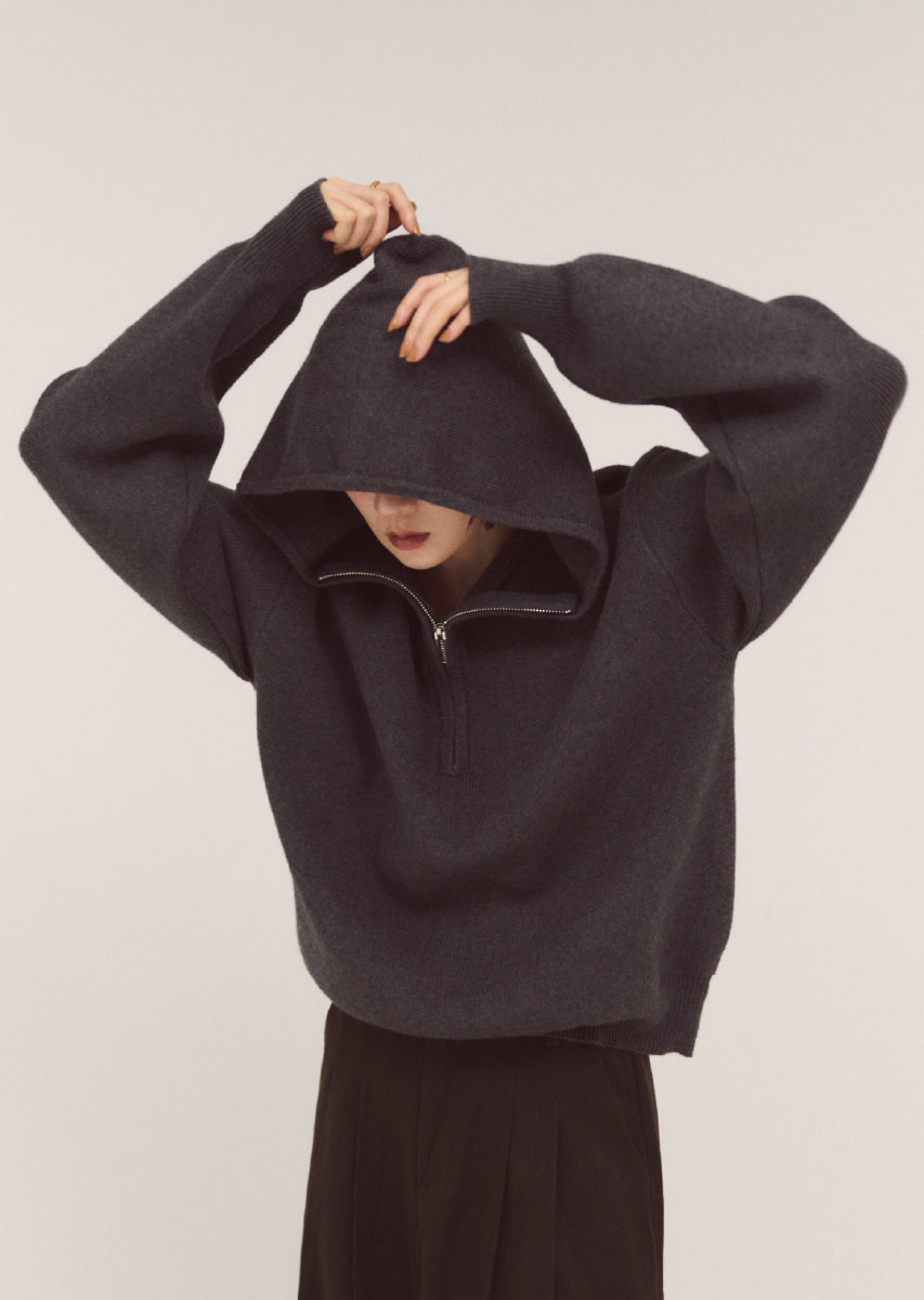 ハーフジップフードニット