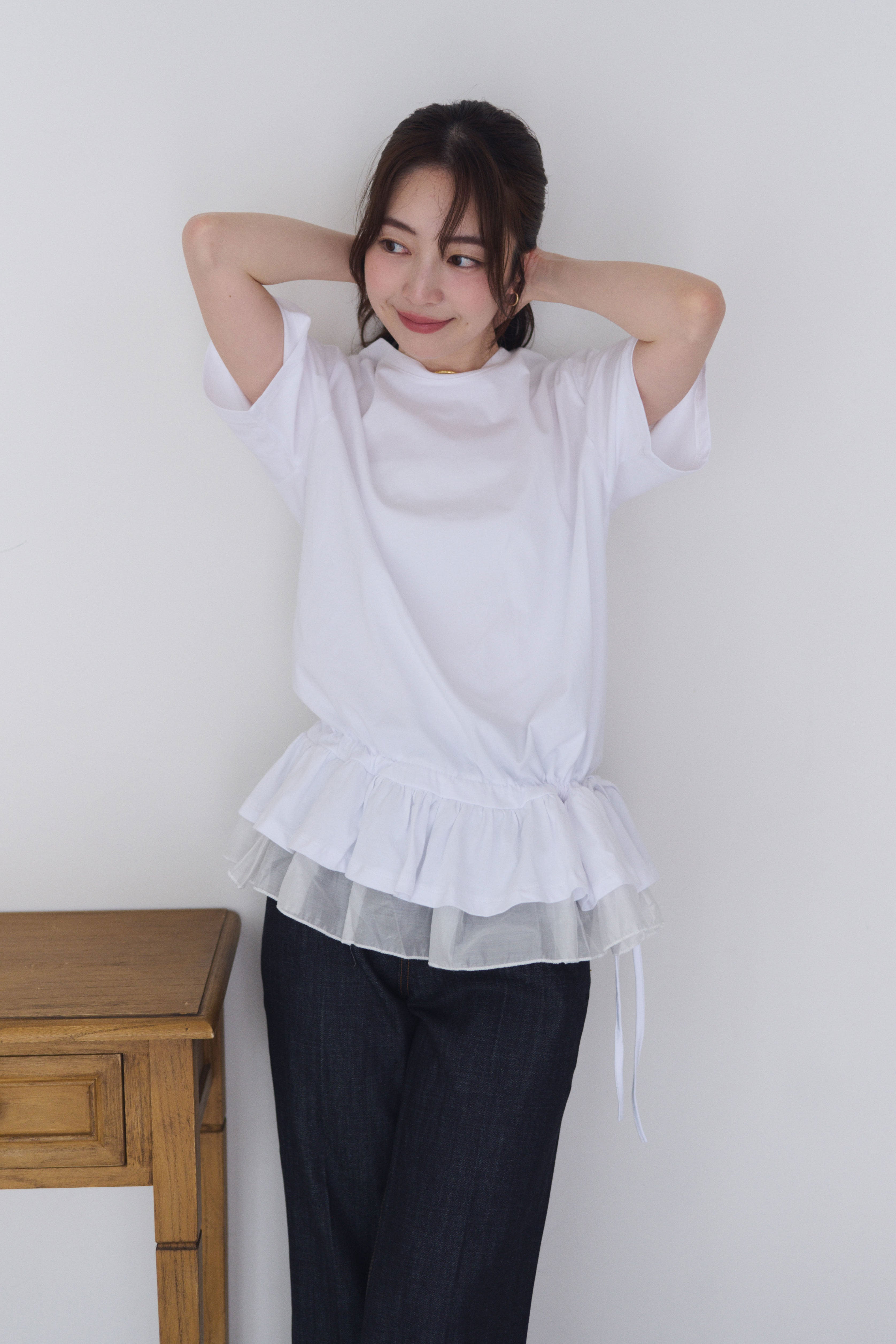 裾フリルリボンTシャツ