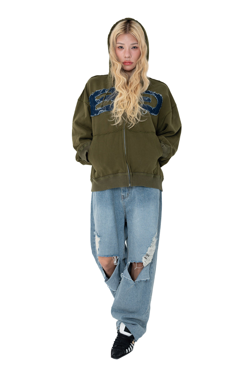 DENIM EMBROIDERED PATCH ZIP HOODIE