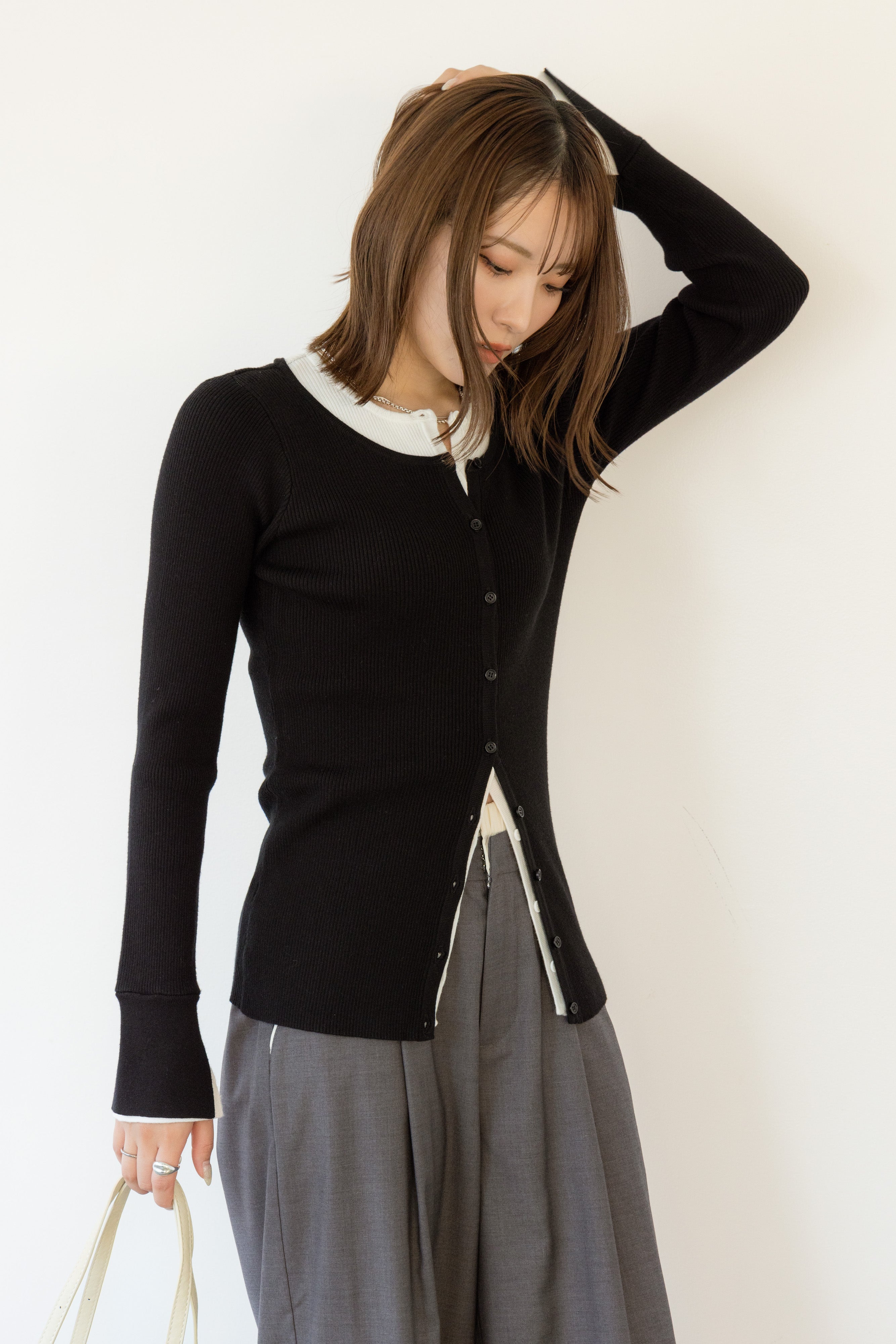 バイカラーリブニットトップス