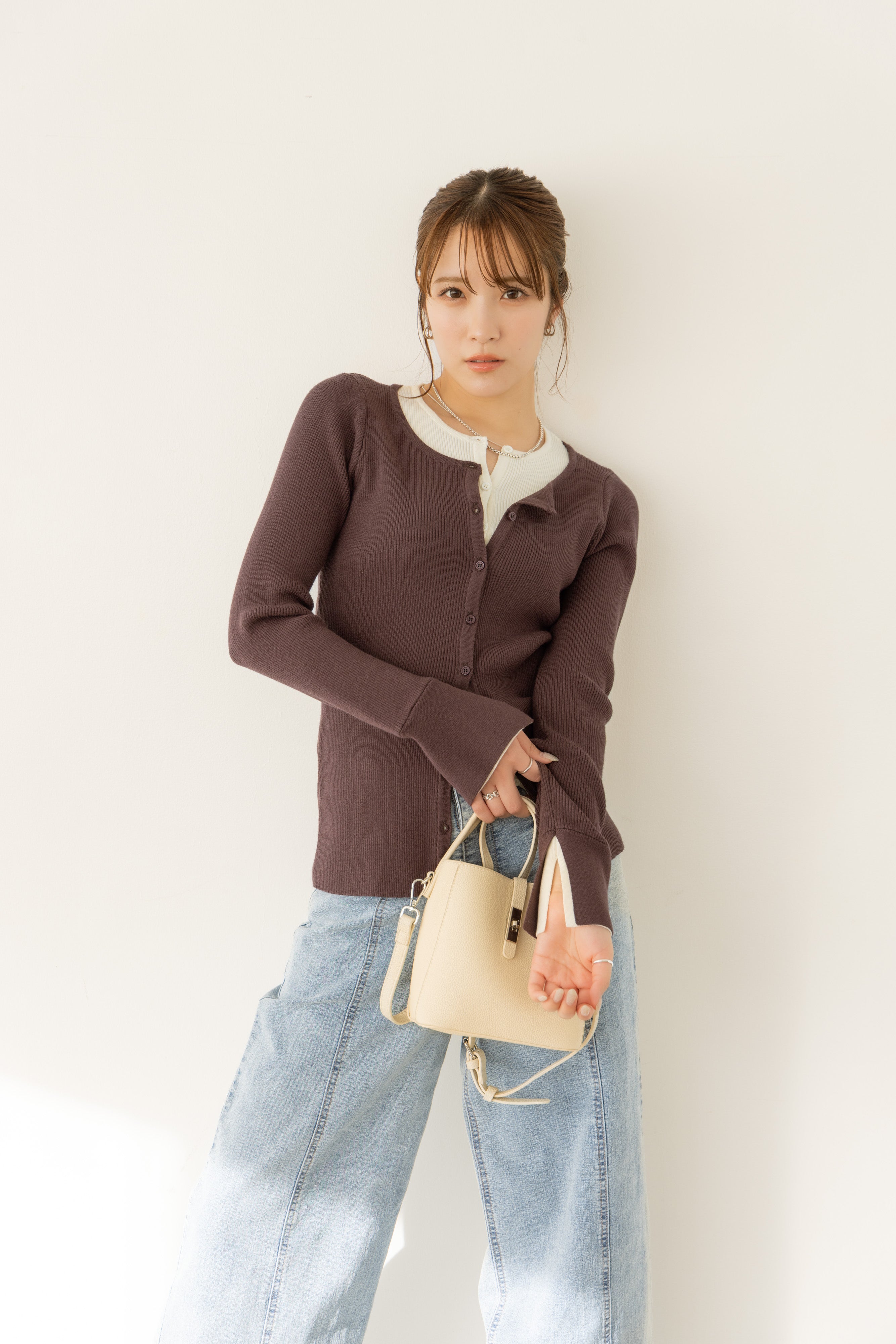 バイカラーリブニットトップス